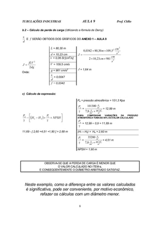 TUBULAÇÕES INDUSTRIAS AULA 9 Prof. Clélio
8
b.2 – Cálculo da perda de carga (Utilizando a fórmula de Darcy)
d
ε
E f SERÃO OBTIDOS DOS GRÁFICOS DO ANEXO 1 – AULA 9
L = 80,30 m
d = 10,23 cm
ν = 0,06 St [cm2
/s]
V = 109,5 cm/s
g = 981 cm/s2
d
ε
= 0,0047
dg
fLV
J
2
2
=
Onde:
f = 0,0342
2
2
2
2
981
23
,
10
2
5
,
109
30
,
80
0342
,
0
s
cm
cm
s
cm
m
J
×
×
×
×
=
J = 1,64 m
c) Cálculo da expressão:
Pa = pressão atmosférica = 101,3 Kpa
γ
a
P
=
3
3
3
3
2
10
8
,
7
101300
m
dm
dm
N
m
N
×
= 12,99 m
PARA COMPENSAR VARIAÇÕES DA PRESSÃO
ATMOSFÉRICA TOMA-SE 90% DO VALOR CALCULADO
γ
a
P
= 12,99 × 0,9 = 11,69 m
(H1 – H2) = Ha = 2,60 m
γ
v
P
=
3
3
3
3
2
10
8
,
7
35200
m
dm
dm
N
m
N
×
= 4,51 m
( ) 





+
+
−
− NPSH
P
H
H
P v
a
γ
γ
2
1
11,69 - [ 2,60 +4,51 +1,90 ] = 2,68 m
NPSH = 1,90 m
OBSERVA-SE QUE A PERDA DE CARGA É MENOR QUE
O VALOR CALCULADO NO ITEM c,
E CONSEQÜENTEMENTE O DIÂMETRO ARBITRADO SATISFAZ.
Neste exemplo, como a diferença entre os valores calculados
é significativa, pode ser conveniente, por motivo econômico,
refazer os cálculos com um diâmetro menor.
 