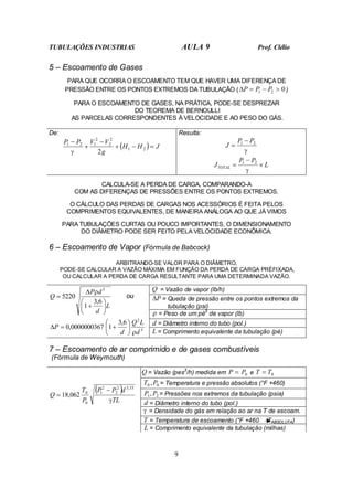 TUBULAÇÕES INDUSTRIAS AULA 9 Prof. Clélio
9
5 – Escoamento de Gases
PARA QUE OCORRA O ESCOAMENTO TEM QUE HAVER UMA DIFERENÇA DE
PRESSÃO ENTRE OS PONTOS EXTREMOS DA TUBULAÇÃO ( 0
2
1 >
−
=
∆ P
P
P )
PARA O ESCOAMENTO DE GASES, NA PRÁTICA, PODE-SE DESPREZAR
DO TEOREMA DE BERNOULLI
AS PARCELAS CORRESPONDENTES À VELOCIDADE E AO PESO DO GÁS.
De:
( ) J
H
H
g
V
V
P
P
=
−
+
−
+
−
2
1
2
2
2
1
2
1
2
γ
Resulta:
γ
2
1 P
P
J
−
=
L
P
P
JTOTAL ×
−
=
γ
2
1
CALCULA-SE A PERDA DE CARGA, COMPARANDO-A
COM AS DIFERENÇAS DE PRESSÕES ENTRE OS PONTOS EXTREMOS.
O CÁLCULO DAS PERDAS DE CARGAS NOS ACESSÓRIOS É FEITA PELOS
COMPRIMENTOS EQUIVALENTES, DE MANEIRA ANÁLOGA AO QUE JÁ VIMOS
PARA TUBULAÇÕES CURTAS OU POUCO IMPORTANTES, O DIMENSIONAMENTO
DO DIÂMETRO PODE SER FEITO PELA VELOCIDADE ECONÔMICA.
6 – Escoamento de Vapor (Fórmula de Babcock)
ARBITRANDO-SE VALOR PARA O DIÂMETRO,
PODE-SE CALCULAR A VAZÃO MÁXIMA EM FUNÇÃO DA PERDA DE CARGA PRÉFIXADA,
OU CALCULAR A PERDA DE CARGA RESULTANTE PARA UMA DETERMINADA VAZÃO.
Q = Vazão de vapor (lb/h)
P
∆ = Queda de pressão entre os pontos extremos da
tubulação (psi)
ρ = Peso de um pé3
de vapor (lb)
d = Diâmetro interno do tubo (pol.)
L
d
d
P
Q






+
∆
=
6
,
3
1
5220
5
ρ
ou
5
2
6
,
3
1
0000000367
,
0
d
L
Q
d
P
ρ






+
=
∆
L = Comprimento equivalente da tubulação (pé)
7 – Escoamento de ar comprimido e de gases combustíveis
(Fórmula de Weymouth)
Q = Vazão (pes3
/h) medida em =
P 0
P e 0
T
T =
0
0 ,P
T = Temperatura e pressão absolutos (°F +460)
2
1, P
P = Pressões nos extremos da tubulação (psia)
d = Diâmetro interno do tubo (pol.)
γ = Densidade do gás em relação ao ar na T de escoam.
T = Temperatura de escoamento (°F +460 TABSOLUTA)
( )
TL
d
P
P
P
T
Q
γ
33
,
5
2
2
2
1
0
0
062
,
18
−
=
L = Comprimento equivalente da tubulação (milhas)
 