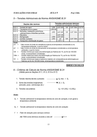 TUBULAÇÕES INDUSTRIAS AULA 9 Prof. Clélio
13
5 – Tensões Admissíveis da Norma ANSI/ASME B.31
Seções das normas Tensões admissíveis básicas:
(O MENOR DOS SEGUINTES VALORES)
B.31.1 Centrais de vapor LR/4 LE/1,66 Tdf 0,67 Tdfm 0,8 Trf
B.31.2 Tubulações de ar e gases LR/2,66
B.31.3 Refinarias, instalações petrolíferas,
petroquímicas e industrias químicas.
LR/3 LE/1,66 Tdf 0,67 Tdfm 0,8 Trf
B.31.4 Oleodutos LE/1,39
B.31.5 Refrigeração LR/4 LE/1,66
B.31.7 Centrais nucleares LR/3 LE Tdf 0,67 Tdfm 0,8 Trf
B.31.8 Transporte e distribuição de gases LE/1,1
Onde:
LR = Valor mínimo do limite de resistência (ruptura) na temperatura considerada ou na
temperatura ambiente, o que for menor.
LE = Valor mínimo do limite de escoamento na temperatura considerada ou na temperatura
ambiente, o que for menor.
Tdf = Tensão mínima que causa uma deformação por fluência de 1%, ao fim de 100.000
horas, na temperatura considerada.
Tdfm = Tensão média que causa uma deformação por fluência de 1%, ao fim de 100.000
horas, na temperatura considerada.
Trf = Tensão mínima que causa a ruptura do material, em conseqüência de deformação por
fluência, ao fim de 100.000 horas, na temperatura considerada.
ANEXO 4 DA AULA 9
6 – Critérios de Cálculo da Norma ANSI/ASME B.31
(Válido para as Seções 31.1, 31.3, 31.5 e 31.7)
1. Tensão máxima devido a pressão Sp max. ≥ Sh
2. Soma das tensões longitudinais Σ Sl ≥ Sh
(pressão, peso, sobrecarga etc.)
3. Tensões secundárias Sa = f(1,25Sc + 0,25Sh)
Onde:
Sc = Tensão admissível na temperatura mínima do ciclo de variação, é em geral a
temperatura ambiente
Sh = Tensão admissível na temperatura máxima do ciclo de variação
f = Fator de redução para serviços cíclicos
Até 7000 ciclos térmicos durante a vida útil f = 1
 
