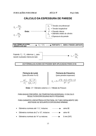 TUBULAÇÕES INDUSTRIAS AULA 9 Prof. Clélio
15
CÁLCULO DA ESPESSURA DE PAREDE
ci
S = Tensão circunferencial
t
Pd
S m
ci
2
=
l
S = Tensão longitudinal
Onde: P = Pressão interna
m
d = Diâmetro médio do cilindro
t
Pd
S m
l
2
=
t = Espessura da parede
DAS FÓRMULAS ACIMA
OBSERVA-SE QUE ci
S = 2 l
S PORTANTO ci
S SERÁ A TENSÃO LIMITANTE
Fazendo ci
S = h
S obtem-se m
t para
resistir à pressão interna do tubo h
m
m
S
Pd
t
2
=
AS FÓRMULAS ACIMA SÓ PODEM SER APLICADAS PARA D>6t
Fórmula de Lamé
(para D/t entre 4 e 6)
Fórmula de Clavarino
(para paredes espessas)








+
−
−
=
P
S
P
S
D
t
h
h
1
2
( ) ( )
2
2
2
2
1
2
1
d
D
D
d
P
Sci
−
+
+
−
×
=
λ
λ
Onde: D = Diâmetro externo e λ = Módulo de Poisson
PARA BAIXAS PRESSÕES, EM TEMPERATURA MODERADA, O CÁLCULO
RESULTA EM ESPESSURAS MUITO PEQUENAS.
PARA GARANTIR A RESISTÊNCIA ESTRUTURAL DO TUBO GERALMENTE SÃO
ADOTADAS AS SEGUINTES ESPESSURAS MÍNIMAS:
• Diâmetros nominais até 1 ½”, inclusive: série 80
• Diâmetros nominais de 2” a 12”, inclusive: série 40
• Diâmetros nominais de 14” ou maiores: 9 mm (3/8”)
 