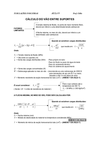 TUBULAÇÕES INDUSTRIAS AULA 9 Prof. Clélio
17
CÁLCULO DO VÃO ENTRE SUPORTES
A tensão máxima de flexão, no ponto de maior momento fletor,
deverá ser inferior a uma determinada tensão admissível.
FATORES
LIMITANTES
A flecha máxima, no meio do vão, deverá ser inferior a um
determinado valor admissível.
( )
[ ]
W
Q
qL
Z
L
Sv +
+
= 2
10
Quando só existirem cargas distribuídas:
Z
qL
Sv
10
2
= que resulta em:
q
ZS
L v
10
=
Onde:
v
S = Tensão máxima de flexão (MPa)
L = Vão entre os suportes (m)
q = Soma das cargas distribuídas (N/m) Peso próprio do tubo
Peso do fluido ou peso da água de teste
Peso do isolamento térmico
Peso do sistema de aquecimento
Q = Soma das cargas concentradas (N)
W = Sobrecarga aplicada no meio do vão - (recomenda-se uma sobrecarga de 2000 N
para tubulações de aço de Ø 3” ou maior,
situadas a até 3 m de altura do solo)
Z = Momento resistente da seção transversal do tubo (cm3
) – (ANEXO 1 DA AULA 1)
É usual considerar:
10
LR
Sv ≤
( Sendo LR = Limite de resistência do material )
Para o aço carbono até a
temperatura de 350 °C:
v
S = 35 MPa (≅ 350 Kgf/cm2
)
A FLECHA MÁXIMA, NO MEIO DO VÃO, PODE SER CALCULADA POR:






+
+
=
4
3
2400 3
qL
W
Q
EI
L
δ
Quando só existirem cargas distribuídas:
EI
qL4
600
=
δ que resulta em: 4
600q
EI
L
δ
=
Onde:
δ = Flecha máxima (mm)
E = Módulo de elasticidade do material na temperatura considerada (MPa)
ANEXO 5 DA AULA 9
I = Momento de inércia da seção transversal do tubo (cm4
) – (ANEXO 1 DA AULA 1)
 