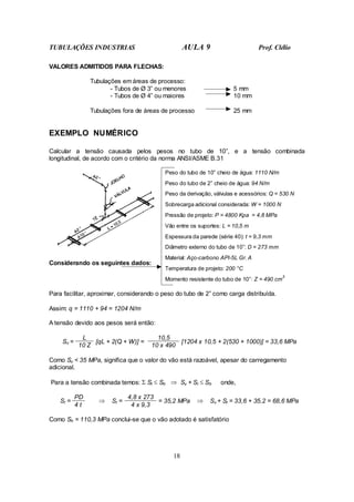 TUBULAÇÕES INDUSTRIAS AULA 9 Prof. Clélio
18
VALORES ADMITIDOS PARA FLECHAS:
Tubulações em áreas de processo:
- Tubos de Ø 3” ou menores 5 mm
- Tubos de Ø 4” ou maiores 10 mm
Tubulações fora de áreas de processo 25 mm
EXEMPLO NUMÉRICO
Calcular a tensão causada pelos pesos no tubo de 10”, e a tensão combinada
longitudinal, de acordo com o critério da norma ANSI/ASME B.31
Peso do tubo de 10” cheio de água: 1110 N/m
Peso do tubo de 2” cheio de água: 94 N/m
Peso da derivação, válvulas e acessórios: Q = 530 N
Sobrecarga adicional considerada: W = 1000 N
Pressão de projeto: P = 4800 Kpa = 4,8 MPa
Vão entre os suportes: L = 10,5 m
Espessura da parede (série 40): t = 9,3 mm
Diâmetro externo do tubo de 10”: D = 273 mm
Material: Aço-carbono API-5L Gr. A
Temperatura de projeto: 200 °C
Considerando os seguintes dados:
Momento resistente do tubo de 10”: Z = 490 cm
3
Para facilitar, aproximar, considerando o peso do tubo de 2” como carga distribuída.
Assim: q = 1110 + 94 = 1204 N/m
A tensão devido aos pesos será então:
L 10,5
Sv =
10 Z
[qL + 2(Q + W)] =
10 x 490
[1204 x 10,5 + 2(530 + 1000)] = 33,6 MPa
Como Sv < 35 MPa, significa que o valor do vão está razoável, apesar do carregamento
adicional.
Para a tensão combinada temos: Σ Sl ≤ Sh ⇒ Sv + Sl ≤ Sh onde,
PD 4,8 x 273
Sl =
4 t
⇒ Sl =
4 x 9,3
= 35,2 MPa ⇒ Sv + Sl = 33,6 + 35,2 = 68,6 MPa
Como Sh = 110,3 MPa conclui-se que o vão adotado é satisfatório
 