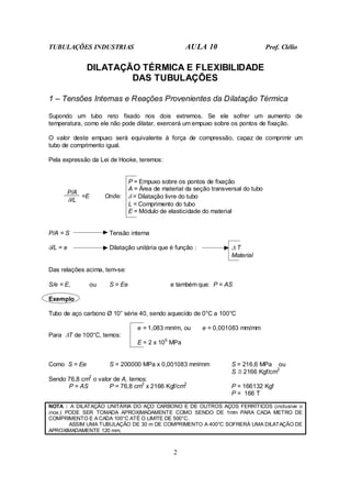 TUBULAÇÕES INDUSTRIAS AULA 10 Prof. Clélio
2
DILATAÇÃO TÉRMICA E FLEXIBILIDADE
DAS TUBULAÇÕES
1 – Tensões Internas e Reações Provenientes da Dilatação Térmica
Supondo um tubo reto fixado nos dois extremos. Se ele sofrer um aumento de
temperatura, como ele não pode dilatar, exercerá um empuxo sobre os pontos de fixação.
O valor deste empuxo será equivalente à força de compressão, capaz de comprimir um
tubo de comprimento igual.
Pela expressão da Lei de Hooke, teremos:
P/A
δ/L
=E Onde:
P = Empuxo sobre os pontos de fixação
A = Área de material da seção transversal do tubo
δ = Dilatação livre do tubo
L = Comprimento do tubo
E = Módulo de elasticidade do material
P/A = S Tensão interna
δ/L = e Dilatação unitária que é função : ∆ T
Material
Das relações acima, tem-se:
S/e = E, ou S = Ee e também que: P = AS
Exemplo
Tubo de aço carbono Ø 10” série 40, sendo aquecido de 0°C a 100°C
e = 1,083 mm/m, ou e = 0,001083 mm/mm
Para ∆T de 100°C, temos:
E = 2 x 105
MPa
Como S = Ee S = 200000 MPa x 0,001083 mm/mm S = 216,6 MPa ou
S ≅ 2166 Kgf/cm2
Sendo 76,8 cm2
o valor de A, temos:
P = AS P = 76,8 cm2
x 2166 Kgf/cm2
P = 166132 Kgf
P = 166 T
NOTA : A DILATAÇÃO UNITÁRIA DO AÇO CARBONO E DE OUTROS AÇOS FERRÍTICOS (inclusive o
inox.) PODE SER TOMADA APROXIMADAMENTE COMO SENDO DE 1mm PARA CADA METRO DE
COMPRIMENTO E A CADA 100°C ATÉ O LIMITE DE 500°C.
ASSIM UMA TUBULAÇÃO DE 30 m DE COMPRIMENTO A 400°C SOFRERÁ UMA DILATAÇÃO DE
APROXIMADAMENTE 120 mm.
 