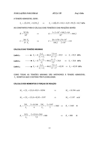 TUBULAÇÕES INDUSTRIAS AULA 10 Prof. Clélio
13
A TENSÃO ADMISSÍVEL SERÁ :
( )
h
c
a S
S
f
S 25
,
0
25
,
1 +
= ⇒ ( ) 7
,
162
3
,
99
25
,
0
3
,
110
25
,
1
0
,
1 =
×
+
×
=
a
S MPa
AS CONSTANTES PARA O CÁLCULO DAS TENSÕES E DAS REAÇÕES SERÃO:
6
10
3 De
E
K c
= ⇒ 2
,
464
10
6
,
4
2
,
168
10
2
3
6
5
=
×
×
×
×
=
K
c
h
E
E
D
I
C
20
= ⇒ 121
10
2
10
74
,
1
2
,
168
1170
20
5
5
=
×
×
×
=
C
CÁLCULO DAS TENSÕES MÁXIMAS
Lado L1 9
,
85
3
6
6
5
,
7
2
,
464 3
3
3
3
3
1
1
2
1 =
+
×
=
+
=
L
L
L
L
K
S ⇒ 9
,
85
1 =
S MPa
Lado L2 8
,
24
5
,
7
3
6
2
,
464 2
2
2
3
1
2 =
−
=
−
=
L
L
L
K
S ⇒ 8
,
24
2 =
S MPa
Lado L3 95
,
42
3
6
3
5
,
7
2
,
464 3
3
3
3
3
1
3
2
3 =
+
×
=
+
=
L
L
L
L
K
S ⇒ 95
,
42
3 =
S MPa
COMO TODAS AS TENSÕES MÁXIMAS SÃO INFERIORES À TENSÃO ADMISSÍVEL
a
S SIGNIFICA QUE O SISTEMA TÊM FLEXIBILIDADE.
CÁLCULO DOS MOMENTOS E FORÇAS DE REAÇÃO
10394
9
,
85
0
,
121
1 =
×
=
= CS
M a ⇒ 394
.
10
=
a
M m.N
5197
95
,
42
0
,
121
3 =
×
=
= CS
M d ⇒ 197
.
5
=
d
M m.N
3465
3
5197
2
2
6
394
.
10
2
2
3
1
=
×
=
=
×
=
=
L
M
L
M
R d
a
x ⇒ 465
.
3
=
x
R N
800
5
,
7
8
,
24
0
,
121
2
2
2
2
=
×
×
=
=
L
CS
Ry
⇒ 800
=
y
R N
 
