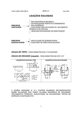 TUBULAÇÕES INDUSTRIAS AULA 2 Prof. Clélio
3
LIGAÇÕES SOLDADAS
- BOA RESISTÊNCIA MECÂNICA
- ESTANQUEIDADE PERFEITA E PERMANENTE
PRINCIPAIS - BOA APARÊNCIA
VANTAGENS - FACILIDADE PARA APLICAÇÃO DE ISOLAMENTO
TÉRMICO E DE PINTURA
- NENHUMA NECESSIDADE DE MANUTENÇÃO
PRINCIPAIS - DIFICULDADE DE DESMONTAGEM
DESVANTAGENS - EXIGE MÃO DE OBRA ESPECIALIZADA
SOLDA DE TOPO – PARA DIÂMETROS DE 2” OU MAIORES
SOLDA DE ENCAIXE (soquete) – PARA DIÂMETROS DE ATÉ 11/2”
LIGAÇÕES DE SOLDA DE TOPO LIGAÇÕES DE SOLDA DE ENCAIXE
A NORMA ANSI/ASME B 31.3 CONTÉM INUMERAS RECOMENDAÇÕES
SOBRE SOLDAGEM DOS TUBOS, ICLUINDO SEQÜÊNCIA DE SOLDAGEM,
TRATAMENTOS TÉRMICOS, QUALIFICAÇÃO DE SOLDADORES, TESTES DE
INSPEÇÃO E ACEITAÇÃO ETC..
 