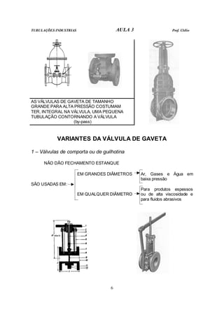 TUBULAÇÕES INDUSTRIAS AULA 3 Prof. Clélio
6
AS VÁLVULAS DE GAVETA DE TAMANHO
GRANDE PARA ALTA PRESSÃO COSTUMAM
TER, INTEGRAL NA VÁLVULA, UMA PEQUENA
TUBULAÇÃO CONTORNANDO A VÁLVULA
(by-pass)
VARIANTES DA VÁLVULA DE GAVETA
1 – Válvulas de comporta ou de guilhotina
NÃO DÃO FECHAMENTO ESTANQUE
EM GRANDES DIÂMETROS Ar, Gases e Água em
baixa pressão
SÃO USADAS EM:
EM QUALQUER DIÂMETRO
Para produtos espessos
ou de alta viscosidade e
para fluidos abrasivos
 