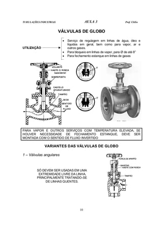 TUBULAÇÕES INDUSTRIAS AULA 3 Prof. Clélio
10
VÁLVULAS DE GLOBO
UTILIZAÇÃO
• Serviço de regulagem em linhas de água, óleo e
líquidos em geral, bem como para vapor, ar e
outros gases.
• Para bloqueio em linhas de vapor, para Ø de até 8”
• Para fechamento estanque em linhas de gases
PARA VAPOR E OUTROS SERVIÇOS COM TEMPERATURA ELEVADA, SE
HOUVER NECESSIDADE DE FECHAMENTO ESTANQUE, DEVE SER
MONTADA COM O SENTIDO DE FLUXO INVERTIDO
VARIANTES DAS VÁLVULAS DE GLOBO
1 – Válvulas angulares
SÓ DEVEM SER USADAS EM UMA
EXTREMIDADE LIVRE DA LINHA,
PRINCIPALMENTE TRATANDO-SE
DE LINHAS QUENTES.
 