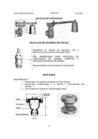 TUBULAÇÕES INDUSTRIAS AULA 3 Prof. Clélio
16
VÁLVULAS DE CONTRAPESO
VÁLVULAS DE QUEBRA DE VÁCUO
Semelhante às válvulas de segurança, com a
diferença de que se abrem de fora para dentro.
SÃO EMPREGADAS PARA PROTEÇÃO DE
TUBULAÇÕES DE GRANDE DIÂMETRO E
PEQUENA ESPESSURA DE PAREDE.
Não permite fluxo de dentro para fora da tubulação
VENTOSAS
DESTINAM-SE A:
• Descarregar o ar quando a tubulação se enche de água
• Descarregar continuamente o ar durante o funcionamento das
bombas
• Dar entrada de ar quando for descarregada a água
 