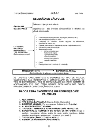 TUBULAÇÕES INDUSTRIAS AULA 3 Prof. Clélio
25
SELEÇÃO DE VÁLVULAS
Seleção do tipo geral da válvula
É FEITA EM
DUAS ETAPAS Especificação das diversas características e detalhes da
válvula selecionada
• Finalidade da válvula (bloqueio, regulagem, retenção etc.)
• Natureza e estado físico do fluido
• Condições de corrosão, erosão, depósito de sedimentos,
presença de sólidos etc.
• Pressão e temperatura (valores de regime e valores extremos)
• Diâmetro nominal da tubulação
• Necessidade ou de:
- fechamento estanque
- fechamento rápido
- operação freqüente
- comando remoto
- comando automático
- resistência a fogo
• Custo
FATORES DE
INFLUÊNCIA
NA SELEÇÃO DO
TIPO DA VÁLVULA
(Dados sobre o projeto)
• Espaço disponível e posição de instalação
MAIS IMPORTANTE EXPERIÊNCIA PRÉVIA
(Existe utilização de válvulas em serviços similares)
AS DIVERSAS CARACTERÍSTICAS E DETALHES DO TIPO DE VÁLVULA
SELECIONADA SÃO REFERENTES À ESPECIFICAÇÃO DE MATERIAIS, AO
TIPO DE EXTREMIDADE , TIPO DE MOVIMENTAÇÃO DA HASTE, SISTEMA DE
ACIONAMENTO ETC. QUE ESTÃO MELHOR DETALHADOS NOS DADOS
PARA ENCOMENDA OU REQUISIÇÃO DE VÁLVULAS.
DADOS PARA ENCOMENDA OU REQUISIÇÃO DE
VÁLVULAS
1. QUANTIDADE
2. TIPO GERAL DA VÁLVULA (Gaveta, Globo, Macho etc.)
3. DIÂMETRO NOMINAL (Em alguns casos é diferente do Ø do tubo)
4. CLASSE DE PRESSÃO NOMINAL
5. TIPO DE EXTREMIDADE E NORMA DIMENSIONAL RESPECTIVA
6. ESPECIFICAÇÃO COMPLETA DE TODOS OS MATERIAIS (Corpo e
castelo, mecanismo interno, anéis de sede, anéis retentores, juntas,
gaxetas, revestimento anticorrosivo, parafusos, porcas etc.)
7. TIPO DE LIGAÇÃO DO CORPO-CASTELO
8. SISTEMA DE MOVIMENTAÇÃO DA HASTE
 
