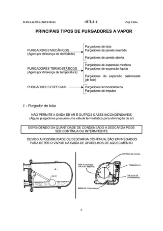TUBULAÇÕES INDUSTRIAS AULA 4 Prof. Clélio
6
PRINCIPAIS TIPOS DE PURGADORES A VAPOR
Purgadores de bóia
PURGADORES MECÂNICOS
(Agem por diferença de densidade)
Purgadores de panela invertida
Purgadores de panela aberta
Purgadores de expansão metálica
PURGADORES TERMOSTÁTICOS
(Agem por diferença de temperatura)
Purgadores de expansão líquida
Purgadores de expansão balanceada
(de fole)
PURGADORES ESPECIAIS Purgadores termodinâmicos
Purgadores de impulso
1 - Purgador de bóia
NÃO PERMITE A SAIDA DE AR E OUTROS GASES INCONDENSÁVEIS
(Alguns purgadores possuem uma válvula termostática para eliminação de ar)
DEPENDENDO DA QUANTIDADE DE CONDENSADO A DESCARGA PODE
SER CONTÍNUA OU INTERMITENTE
DEVIDO A POSSIBILIDADE DE DESCARGA CONTÍNUA, SÃO EMPREGADOS
PARA RETER O VAPOR NA SAIDA DE APARELHOS DE AQUECIMENTO
 