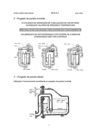 TUBULAÇÕES INDUSTRIAS AULA 4 Prof. Clélio
7
2 - Purgador de panela invertida
É UTILIZADO NA DRENAGEM DE TUBULAÇÕES DE VAPOR PARA
QUAISQUER VALORES DE PRESSÃO E TEMPERATURA
PRECISA ESTAR ESCORVADO PARA ENTRAR EM FUNCIONAMENTO
A ELIMINAÇÃO DE AR É MODERADA E SÓ OCORRE SE A SAÍDA DE
CONDENSADO NÃO FOR CONTÍNUA
3 – Purgador de panela aberta
Utilização e funcionamento semelhante ao purgador de panela invertida
 