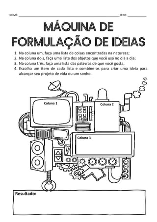 NOME: ______________________________________________________________________SÉRIE: _____________
MÁQUINA DE
FORMULAÇÃO DE IDEIAS
1. Na coluna um, faça uma lista de coisas encontradas na natureza;
2. Na coluna dois, faça uma lista dos objetos que você usa no dia a dia;
3. Na coluna três, faça uma lista das palavras de que você gosta;
4. Escolha um item de cada lista e combine-os para criar uma ideia para
alcançar seu projeto de vida ou um sonho.
Coluna 1
Coluna 3
Coluna 2
Resultado:
 