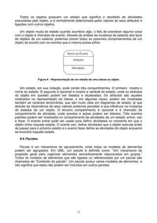 Todos os objetos possuem um estado que significa o resultado de atividades
executadas pelo objeto, e é normalmente determinada pelos valores de seus atributos e
ligações com outros objetos.

   Um objeto muda de estado quando acontece algo, o fato de acontecer alguma coisa
com o objeto é chamado de evento. Através da análise da mudança de estados dos tipos
de objetos de um sistema, podemos prever todos os possíveis comportamentos de um
objeto de acordo com os eventos que o mesmo possa sofrer.




                  Figura 4 – Representação de um estado de uma classe ou objeto


    Um estado, em sua notação, pode conter três compartimentos. O primeiro mostra o
nome do estado. O segundo é opcional e mostra a variável do estado, onde os atributos
do objeto em questão podem ser listados e atualizados. Os atributos são aqueles
mostrados na representação da classe, e em algumas vezes, podem ser mostradas
também as variáveis temporárias, que são muito úteis em diagramas de estado, já que
através da observância de seus valores podemos perceber a sua influência na mudança
de estados de um objeto. O terceiro compartimento é opcional e é chamado de
compartimento de atividade, onde eventos e ações podem ser listados. Três eventos
padrões podem ser mostrados no compartimento de atividades de um estado: entrar, sair
e fazer. O evento entrar pode ser usado para definir atividades no momento em que o
objeto entra naquele estado. O evento sair, define atividades que o objeto executa antes
de passar para o próximo estado e o evento fazer define as atividades do objeto enquanto
se encontra naquele estado.

   8.4. Pacotes

    Pacote é um mecanismo de agrupamento, onde todos os modelos de elementos
podem ser agrupados. Em UML, um pacote é definido como: “Um mecanismo de
propósito geral para organizar elementos semanticamente relacionados em grupos.”
Todos os modelos de elementos que são ligados ou referenciados por um pacote são
chamados de “Conteúdo do pacote”. Um pacote possui vários modelos de elementos, e
isto significa que estes não podem ser incluídos em outros pacotes.




                                               12
 