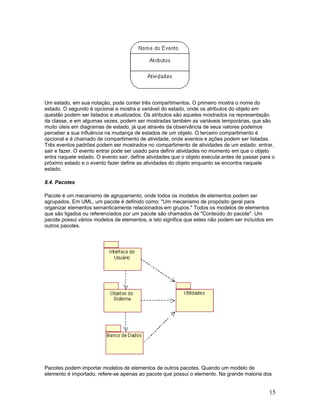 Um estado, em sua notação, pode conter três compartimentos. O primeiro mostra o nome do
estado. O segundo é opcional e mostra a variável do estado, onde os atributos do objeto em
questão podem ser listados e atualizados. Os atributos são aqueles mostrados na representação
da classe, e em algumas vezes, podem ser mostradas também as variáveis temporárias, que são
muito úteis em diagramas de estado, já que através da observância de seus valores podemos
perceber a sua influência na mudança de estados de um objeto. O terceiro compartimento é
opcional e é chamado de compartimento de atividade, onde eventos e ações podem ser listadas.
Três eventos padrões podem ser mostrados no compartimento de atividades de um estado: entrar,
sair e fazer. O evento entrar pode ser usado para definir atividades no momento em que o objeto
entra naquele estado. O evento sair, define atividades que o objeto executa antes de passar para o
próximo estado e o evento fazer define as atividades do objeto enquanto se encontra naquele
estado.

8.4. Pacotes

Pacote é um mecanismo de agrupamento, onde todos os modelos de elementos podem ser
agrupados. Em UML, um pacote é definido como: "Um mecanismo de propósito geral para
organizar elementos semanticamente relacionados em grupos." Todos os modelos de elementos
que são ligados ou referenciados por um pacote são chamados de "Conteúdo do pacote". Um
pacote possui vários modelos de elementos, e isto significa que estes não podem ser incluídos em
outros pacotes.




Pacotes podem importar modelos de elementos de outros pacotes. Quando um modelo de
elemento é importado, refere-se apenas ao pacote que possui o elemento. Na grande maioria dos


                                                                                               15
 