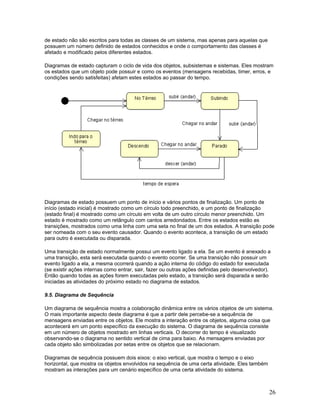 de estado não são escritos para todas as classes de um sistema, mas apenas para aquelas que
possuem um número definido de estados conhecidos e onde o comportamento das classes é
afetado e modificado pelos diferentes estados.

Diagramas de estado capturam o ciclo de vida dos objetos, subsistemas e sistemas. Eles mostram
os estados que um objeto pode possuir e como os eventos (mensagens recebidas, timer, erros, e
condições sendo satisfeitas) afetam estes estados ao passar do tempo.




Diagramas de estado possuem um ponto de início e vários pontos de finalização. Um ponto de
início (estado inicial) é mostrado como um círculo todo preenchido, e um ponto de finalização
(estado final) é mostrado como um círculo em volta de um outro círculo menor preenchido. Um
estado é mostrado como um retângulo com cantos arredondados. Entre os estados estão as
transições, mostrados como uma linha com uma seta no final de um dos estados. A transição pode
ser nomeada com o seu evento causador. Quando o evento acontece, a transição de um estado
para outro é executada ou disparada.

Uma transição de estado normalmente possui um evento ligado a ela. Se um evento é anexado a
uma transição, esta será executada quando o evento ocorrer. Se uma transição não possuir um
evento ligado a ela, a mesma ocorrerá quando a ação interna do código do estado for executada
(se existir ações internas como entrar, sair, fazer ou outras ações definidas pelo desenvolvedor).
Então quando todas as ações forem executadas pelo estado, a transição será disparada e serão
iniciadas as atividades do próximo estado no diagrama de estados.

9.5. Diagrama de Sequência

Um diagrama de sequência mostra a colaboração dinâmica entre os vários objetos de um sistema.
O mais importante aspecto deste diagrama é que a partir dele percebe-se a sequência de
mensagens enviadas entre os objetos. Ele mostra a interação entre os objetos, alguma coisa que
acontecerá em um ponto específico da execução do sistema. O diagrama de sequência consiste
em um número de objetos mostrado em linhas verticais. O decorrer do tempo é visualizado
observando-se o diagrama no sentido vertical de cima para baixo. As mensagens enviadas por
cada objeto são simbolizadas por setas entre os objetos que se relacionam.

Diagramas de sequência possuem dois eixos: o eixo vertical, que mostra o tempo e o eixo
horizontal, que mostra os objetos envolvidos na sequência de uma certa atividade. Eles também
mostram as interações para um cenário específico de uma certa atividade do sistema.



                                                                                                 26
 