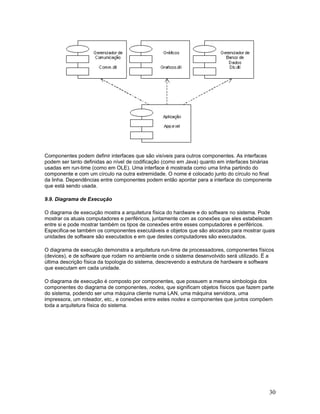 Componentes podem definir interfaces que são visíveis para outros componentes. As interfaces
podem ser tanto definidas ao nível de codificação (como em Java) quanto em interfaces binárias
usadas em run-time (como em OLE). Uma interface é mostrada como uma linha partindo do
componente e com um círculo na outra extremidade. O nome é colocado junto do círculo no final
da linha. Dependências entre componentes podem então apontar para a interface do componente
que está sendo usada.

9.9. Diagrama de Execução

O diagrama de execução mostra a arquitetura física do hardware e do software no sistema. Pode
mostrar os atuais computadores e periféricos, juntamente com as conexões que eles estabelecem
entre si e pode mostrar também os tipos de conexões entre esses computadores e periféricos.
Especifica-se também os componentes executáveis e objetos que são alocados para mostrar quais
unidades de software são executados e em que destes computadores são executados.

O diagrama de execução demonstra a arquitetura run-time de processadores, componentes físicos
(devices), e de software que rodam no ambiente onde o sistema desenvolvido será utilizado. É a
última descrição física da topologia do sistema, descrevendo a estrutura de hardware e software
que executam em cada unidade.

O diagrama de execução é composto por componentes, que possuem a mesma simbologia dos
componentes do diagrama de componentes, nodes, que significam objetos físicos que fazem parte
do sistema, podendo ser uma máquina cliente numa LAN, uma máquina servidora, uma
impressora, um roteador, etc., e conexões entre estes nodes e componentes que juntos compõem
toda a arquitetura física do sistema.




                                                                                             30
 