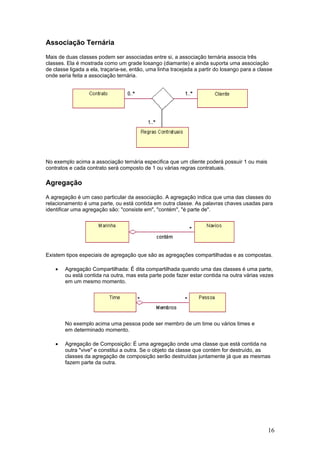 Associação Ternária
Mais de duas classes podem ser associadas entre si, a associação ternária associa três
classes. Ela é mostrada como um grade losango (diamante) e ainda suporta uma associação
de classe ligada a ela, traçaria-se, então, uma linha tracejada a partir do losango para a classe
onde seria feita a associação ternária.

No exemplo acima a associação ternária especifica que um cliente poderá possuir 1 ou mais
contratos e cada contrato será composto de 1 ou várias regras contratuais.

Agregação
A agregação é um caso particular da associação. A agregação indica que uma das classes do
relacionamento é uma parte, ou está contida em outra classe. As palavras chaves usadas para
identificar uma agregação são: "consiste em", "contém", "é parte de".

Existem tipos especiais de agregação que são as agregações compartilhadas e as compostas.
•

Agregação Compartilhada: É dita compartilhada quando uma das classes é uma parte,
ou está contida na outra, mas esta parte pode fazer estar contida na outra várias vezes
em um mesmo momento.

No exemplo acima uma pessoa pode ser membro de um time ou vários times e
em determinado momento.
•

Agregação de Composição: É uma agregação onde uma classe que está contida na
outra "vive" e constitui a outra. Se o objeto da classe que contém for destruído, as
classes da agregação de composição serão destruídas juntamente já que as mesmas
fazem parte da outra.

16

 