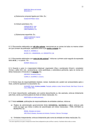 22
MARCONI, Marina de Andrade
BOGLIOLO, L.
a) Sobrenome composto ligados por hífen. Ex.:
DUQUE-ESTRADA, Osório
b) Indicam parentesco. Ex.:
VARGAS NETO, José
CALDAS FILHO, J.R.
LIMA SOBRINHO, A E.
c) Sobrenomes espanhóis. Ex.:
GARCÍA MARQUEZ, Gabriel
PÉREZ YAEZ, R.
6.1.2 Documentos elaborados por até três autores: mencionam-se os nomes de todos na mesma ordem
em que constam da publicação, separados entre si por ponto e vírgula. Ex.:
WELEK, R.; WARREN, A
BLOOD, D.C.; HENDERSON, J.A.; RODOSTITS, O.M.
6.1.3 Documentos elaborados com mais de três autores1
: indica-se o primeiro autor seguido da expressão
latina et al. ( = e outros). Ex.:
BURNER, Bárbara et al.
6.1.4 Quando o autor é o responsável intelectual: organizador (Org.), coordenador (Coord.), compilador
(Comp.), editor (Ed.) etc., acrescenta-se, entre parênteses, a abreviatura pertinente, após os nomes em
letras maiúscula e minúscula e no singular. Ex.:
AZEVEDO, Fernando (Comp.).
CUNHA, A.; OLIVERIA, O. (Coord.).
6.1.5 Outros tipos de responsabilidade (tradutor, revisor, ilustrados etc.) podem ser acrescentados após o
título, conforme aparecem no documento. Ex.:
ALIGHIERI, Dante. A divina comédia. Tradução, prefácio e notas: Hernani Donato. São Paulo: Círculo do
Livro, [1983]. 344p.
6.1.6 Autor desconhecido: publicações com autoria desconhecida ou não assinada, entra-se diretamente
pelo título, sendo a primeira palavra do título em letras maiúsculas. Ex.:
INSETICIDA com efeito polarizado...
6.1.7 Autor entidade: publicações de responsabilidades de entidades coletivas, indica-se:
a) Órgãos da administração governamental direta (ministérios, secretarias e etc.): entra-se pelo
nome do lugar que indica a esfera de subordinação (em letras maiúsculas) - PAÍS, ESTADO ou
MUNICÍPIO. Ex.:
BRASIL. Ministério do Interior.
SÃO PAULO (Estado). Secretaria da Indústria, Comércio, Ciência e Tecnologia.
b) Entidades independentes: entra-se diretamente pelo nome da entidade em letras maiúsculas. Ex.:
1
Em casos específicos nos quais a menção dos nomes forem indispensáveis para certificar a autoria, é facultado indicar todos os nomes
 