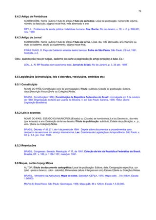 28
8.4.2 Artigo de Periódicos
SOBRENOME, Nome (autor)./Título do artigo./Título do periódico, Local de publicação, número do volume,
número do fascículo, página inicial-final, mês abreviado e ano.
REY, L. Problemas de saúde pública: hidatidose humana. Rev. Roche, Rio de Janeiro, v. 18, n. 2, p. 298-301,
nov. 1969.
8.4.3 Artigo de Jornal
SOBRENOME, Nome (autor)./Título do artigo./Título do jornal, Local, dia, mês abreviado, ano./Número ou
título do caderno, seção ou suplemento, página inicial-final.
FRIAS FILHO, O. Peça de Calderón sintetiza teatro barroco. Folha de São Paulo, São Paulo, 23 out. 1991.
Ilustrada, p.3.
Obs.: quando não houver seção, caderno ou parte a paginação do artigo precede a data. Ex.:
LEAL, L. N. MP fiscaliza com autonomia total. Jornal do Brasil, Rio de Janeiro, p. 3, 25 abr. 1999.
8.5 Legislações (constituição, leis e decretos, resoluções, emendas etc)
8.5.1 Constituição
NOME DO PAÍS./Constituição (ano de promulgação)./Título: subtítulo./Cidade de publicação: Editora,
data./Descrição física./(Série ou Coleção)./Notas.
BRASIL. Constituição (1988). Constituição da República Federativa do Brasil: promulgada em 5 de outubro
de 1988. Organização do texto por Juarez de Oliveira. 4. ed. São Paulo: Saraiva, 1990. 168 p. (Série
Legislação Brasileira)
8.5.2 Leis e decretos
NOME DO PAÍS, ESTADO OU MUNICÍPIO./(Estado) ou (Cidade) se homônimos./Lei ou Decreto n., dia mês
(por extenso) e ano./Descrição da lei ou decreto./Título da publicação: subtítulo, Cidade de publicação, v., p.,
ano./ (Série ou Coleção)./Notas
BRASIL. Decreto nº 89.271, de 4 de janeiro de 1984. Dispõe sobre documentos e procedimentos para
despacho de aeronave em serviço internacional. Lex: Coletânea de Legislação e Jurisprudência, São Paulo, v.
48, p. 3-4, jan. /mar. 1984.
8.5.3 Resoluções
BRASIL. Congresso. Senado. Resolução nº 17, de 1991. Coleção de leis da República Federativa do Brasil,
Brasília, DF, v. 183, p. 1156-1157, maio/jun. 1991.
8.6 Mapas, cartas topográficas
AUTOR./Título do documento cartográfico./Local de publicação: Editora, data./Designação específica, cor
(p&b - preto e branco; color - colorido), Dimensões (altura X largura em cm)./Escala./(Série ou Coleção)./Notas.
BRASIL. Ministério da Agricultura. Mapa de solos. Salvador: CEPLA, 1975. Mapa color. , 78 x 59cm. Escala
1:50.000.
MAPA do Brasil físico. São Paulo: Geomapas, 1958. Mapa p&b, 88 x 120cm. Escala 1.5.00.000.
 