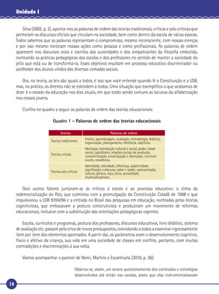 14
Unidade I
Silva (2002, p. 2), aponta-nos as palavras de ordem das teorias tradicionais, críticas e pós-críticas que
permeiam os discursos oﬁciais que circulam na sociedade, bem como dentro da escola de várias épocas.
Todos sabemos que as palavras representam o compromisso, mesmo inconsciente, com nossas crenças
e por isso mesmo norteiam nossas ações como pessoas e como proﬁssionais. As palavras de ordem
aparecem nos discursos orais e escritos das autoridades e dos simpatizantes da ﬁlosoﬁa embutida,
norteando as práticas pedagógicas das escolas e dos professores no sentido de manter a sociedade do
jeito que está ou de transformá-la. Esses objetivos resultam em processo educativo discriminador ou
acolhedor dos alunos vindos das diversas camadas sociais.
Ora, na teoria, as leis são iguais a todos, é isso que você entende quando lê a Constituição e a LDB,
mas, na prática, os direitos não se estendem a todos. Uma situação que exempliﬁca o que acabamos de
dizer é o estado da educação nos dias atuais, em que estão sendo comuns as lacunas da alfabetização
nos nossos jovens.
Conﬁra no quadro a seguir as palavras de ordem das teorias educacionais:
Quadro 1 – Palavras de ordem das teorias educacionais
Teorias Palavras de ordem
Teorias tradicionais
Ensino, aprendizagem, avaliação, metodologia, didática,
organização, planejamento, eﬁciência, objetivos.
Teorias críticas
Ideologia, reprodução cultural e social, poder, classe
social, capitalismo, relações sociais de produção,
conscientização, emancipação e libertação, currículo
oculto, resistência.
Teorias pós-críticas
Identidade, alteridade, diferença, subjetividade,
signiﬁcação e discurso, saber e poder, representação,
cultura, gênero, raça, etnia, sexualidade,
multiculturalismo.
Dois outros fatores juntaram-se às críticas à escola e ao processo educativo: o clima da
redemocratização do País, que culminou com a promulgação da Constituição Cidadã de 1988 e que
impulsionou a LDB 9394/96 e a entrada no Brasil das pesquisas em educação, norteadas pelas teorias
cognitivistas, que embasavam a postura construtivista e produziram um movimento de reformas
educacionais, inclusive com a substituição das orientações pedagógicas vigentes.
Escola, currículos e programas, postura dos professores, discursos educativos, livro didático, sistema
de avaliação etc. passam pelo crivo de novos pressupostos, convidando a todos a examinar rigorosamente
item por item dos elementos apontados. A partir daí, os parâmetros eram o desenvolvimento cognitivo,
físico e afetivo da criança, sua vida em uma sociedade de classes em conﬂito, portanto, com muitas
contradições e discriminações à sua volta.
Vamos acompanhar o parecer de Nemi, Martins e Escanhuela (2010, p. 36):
Observa-se, assim, um severo questionamento dos conteúdos e estratégias
desenvolvidos até então nas escolas, posto que elas instrumentalizavam
 
