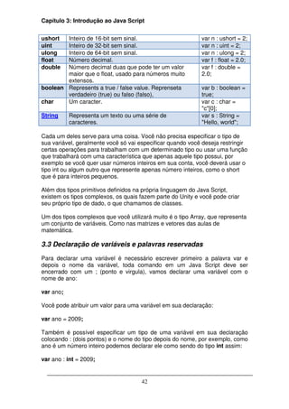Capítulo 3: Introdução ao Java Script


ushort  Inteiro de 16-bit sem sinal.                        var n : ushort = 2;
uint    Inteiro de 32-bit sem sinal.                        var n : uint = 2;
ulong   Inteiro de 64-bit sem sinal.                        var n : ulong = 2;
float   Número decimal.                                     var f : float = 2.0;
double  Número decimal duas que pode ter um valor           var f : double =
        maior que o float, usado para números muito         2.0;
        extensos.
boolean Represents a true / false value. Reprenseta         var b : boolean =
        verdadeiro (true) ou falso (falso),                 true;
char    Um caracter.                                        var c : char =
                                                            "c"[0];
String     Representa um texto ou uma série de              var s : String =
           caracteres.                                      "Hello, world";

Cada um deles serve para uma coisa. Você não precisa especificar o tipo de
sua variável, geralmente você só vai especificar quando você deseja restringir
certas operações para trabalham com um determinado tipo ou usar uma função
que trabalhará com uma característica que apenas aquele tipo possui, por
exemplo se você quer usar números inteiros em sua conta, você deverá usar o
tipo int ou algum outro que represente apenas número inteiros, como o short
que é para inteiros pequenos.

Além dos tipos primitivos definidos na própria linguagem do Java Script,
existem os tipos complexos, os quais fazem parte do Unity e você pode criar
seu próprio tipo de dado, o que chamamos de classes.

Um dos tipos complexos que você utilizará muito é o tipo Array, que representa
um conjunto de variáveis. Como nas matrizes e vetores das aulas de
matemática.

3.3 Declaração de variáveis e palavras reservadas

Para declarar uma variável é necessário escrever primeiro a palavra var e
depois o nome da variável, toda comando em um Java Script deve ser
encerrado com um ; (ponto e virgula), vamos declarar uma variável com o
nome de ano:

var ano;

Você pode atribuir um valor para uma variável em sua declaração:

var ano = 2009;

Também é possível especificar um tipo de uma variável em sua declaração
colocando : (dois pontos) e o nome do tipo depois do nome, por exemplo, como
ano é um número inteiro podemos declarar ele como sendo do tipo int assim:

var ano : int = 2009;


                                      42
 