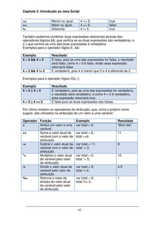 Capítulo 3: Introdução ao Java Script


<=                 Menor ou igual.        4 <= 5;          true
>=                 Maior ou igual.        4 >= 5;          false
!=                 Diferente.             4 != 5           true

Também podemos combinar duas expressões relacionais através dos
operadores lógicos &&, que verifica se as duas expressões são verdadeiras, e
o || que verifica se uma das duas expressões é verdadeira.
Exemplos para o operador lógico E, &&:

Exemplo            Resultado
4 < 5 && 4 > 5     É falso, pois se uma das expressões for falsa, o resultado
                   será falso, como 4 > 5 é falso, então essa expressão
                   retornaria false.
4 < 5 && 4 != 5    É verdadeiro, pois 4 é menor que 5 e 4 é diferente de 5.

Exemplos para o operador lógico OU, ||:

Exemplo            Resultado
4 < 5 || 4 > 5     É verdadeiro, pois se uma das expressões for verdadeira,
                   o resultado será verdadeiro, e como 4 < 5 é verdadeiro,
                   essa expressão retornaria true.
4 > 5 || 4 == 5    É falso pois as duas expressões são falsas.

Por último existem os operadores de atribuição, que, como o próprio nome
sugere, são utilizados na atribuição de um valor a uma variável:

Operador Função                      Exemplo                       Resultado
=        Atribui um valor a uma      var total = 6;                “Bom dia”
         variável.
+=       Soma o valor atual da       var total = 6;                11
         variável com o valor de     total +=6
         atribuição.
-=       Subtrai o valor atual da    var total = 11;               8
         variável com o valor de     total -= 3;
         atribuição.
*=       Multiplica o valor atual    var total = 2;                10
         da variável pelo valor      total *= 5;
         de atribuição.
/=       Divide o valor atual da     var total = 9;                4.5
         variável pelo valor de      total /= 2;
         atribuição.
%=       Retorna o resto da          var total = 9;                1
         divisão do valor atual      total %= 2;
         da variável pelo valor
         de atribuição.




                                      45
 