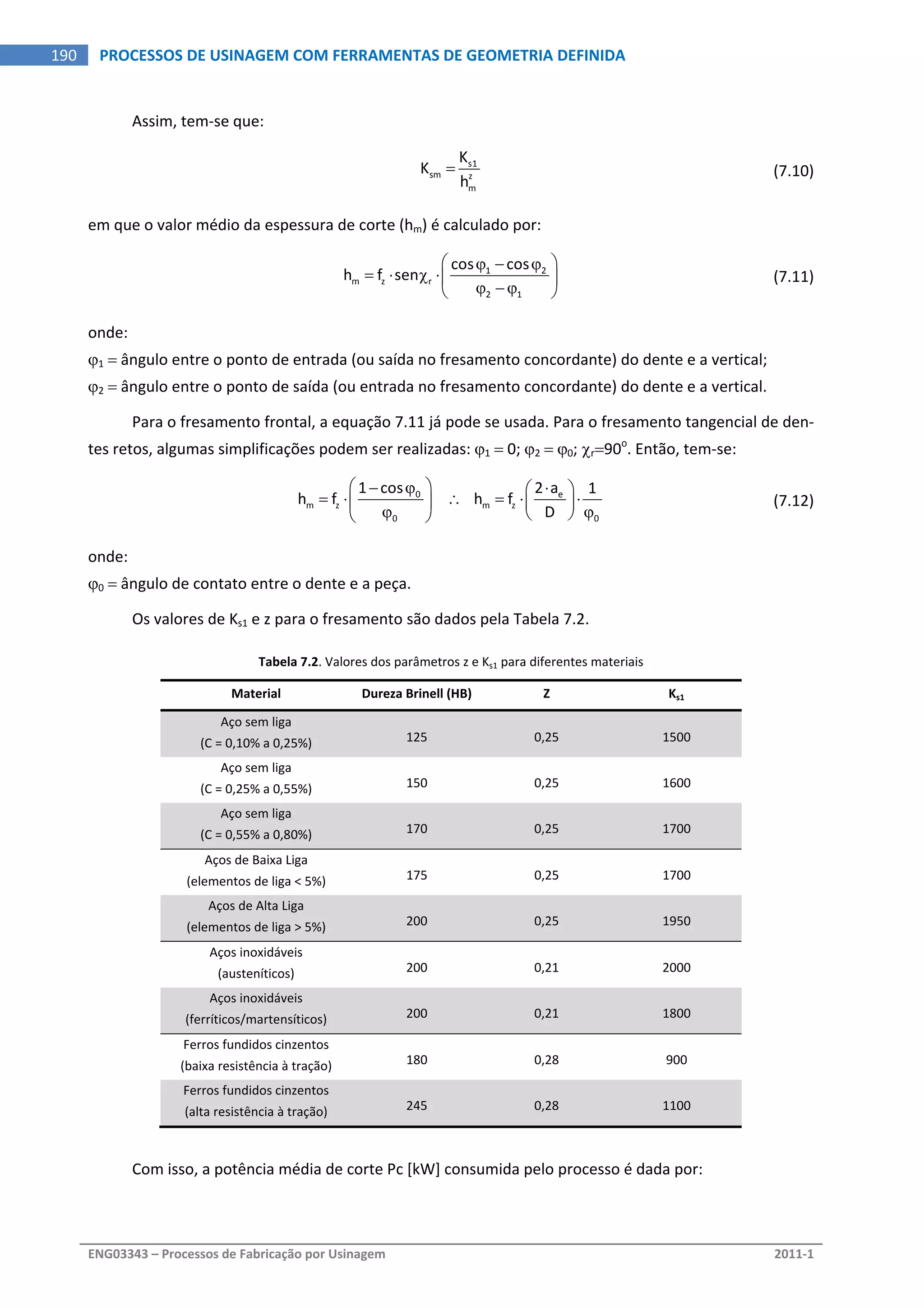  
ENG03343 – Processos de Fabricação por Usinagem  2011‐1  
190  PROCESSOS DE USINAGEM COM FERRAMENTAS DE GEOMETRIA DEFINIDA
Assim, tem‐se que: 
 
s1
sm z
m
K
K
h
   (7.10)
em que o valor médio da espessura de corte (hm) é calculado por: 
  1 2
m z r
2 1
cos cos
h f sen
   
    
  
  (7.11)
onde: 
1  ângulo entre o ponto de entrada (ou saída no fresamento concordante) do dente e a vertical; 
2  ângulo entre o ponto de saída (ou entrada no fresamento concordante) do dente e a vertical. 
Para o fresamento frontal, a equação 7.11 já pode se usada. Para o fresamento tangencial de den‐
tes retos, algumas simplificações podem ser realizadas: 1  0; 2  0; r90o
. Então, tem‐se: 
 
0 e
m z m z
0 0
1 cos 2 a 1
h f        h f
D
    
           
  (7.12)
onde: 
0  ângulo de contato entre o dente e a peça. 
Os valores de Ks1 e z para o fresamento são dados pela Tabela 7.2. 
Tabela 7.2. Valores dos parâmetros z e Ks1 para diferentes materiais 
Material  Dureza Brinell (HB)  Z  Ks1 
Aço sem liga 
(C = 0,10% a 0,25%)  125  0,25  1500 
Aço sem liga 
(C = 0,25% a 0,55%)  150  0,25  1600 
Aço sem liga 
(C = 0,55% a 0,80%)  170  0,25  1700 
Aços de Baixa Liga 
(elementos de liga < 5%)  175  0,25  1700 
Aços de Alta Liga 
(elementos de liga > 5%)  200  0,25  1950 
Aços inoxidáveis 
(austeníticos)  200  0,21  2000 
Aços inoxidáveis 
(ferríticos/martensíticos)  200  0,21  1800 
Ferros fundidos cinzentos 
(baixa resistência à tração)  180  0,28  900 
Ferros fundidos cinzentos 
(alta resistência à tração)  245  0,28  1100 
 
Com isso, a potência média de corte Pc [kW] consumida pelo processo é dada por: 
 