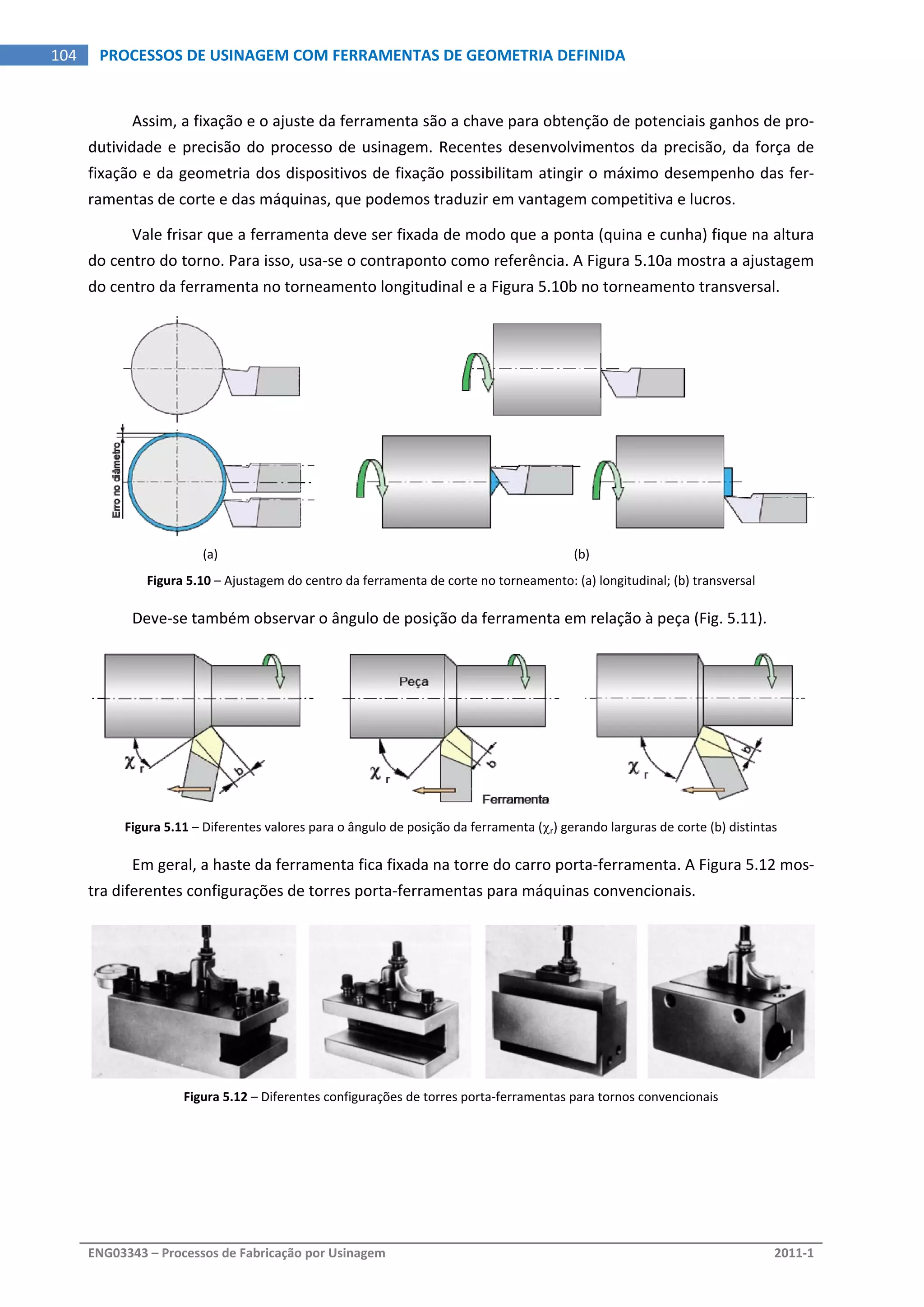  
ENG03343 – Processos de Fabricação por Usinagem  2011‐1  
104  PROCESSOS DE USINAGEM COM FERRAMENTAS DE GEOMETRIA DEFINIDA
Assim, a fixação e o ajuste da ferramenta são a chave para obtenção de potenciais ganhos de pro‐
dutividade e precisão do processo de usinagem. Recentes desenvolvimentos da precisão, da força de 
fixação e da geometria dos dispositivos de fixação possibilitam atingir o máximo desempenho das fer‐
ramentas de corte e das máquinas, que podemos traduzir em vantagem competitiva e lucros. 
Vale frisar que a ferramenta deve ser fixada de modo que a ponta (quina e cunha) fique na altura 
do centro do torno. Para isso, usa‐se o contraponto como referência. A Figura 5.10a mostra a ajustagem 
do centro da ferramenta no torneamento longitudinal e a Figura 5.10b no torneamento transversal. 
 
(a)  (b) 
Figura 5.10 – Ajustagem do centro da ferramenta de corte no torneamento: (a) longitudinal; (b) transversal 
Deve‐se também observar o ângulo de posição da ferramenta em relação à peça (Fig. 5.11). 
   
Figura 5.11 – Diferentes valores para o ângulo de posição da ferramenta (r) gerando larguras de corte (b) distintas 
Em geral, a haste da ferramenta fica fixada na torre do carro porta‐ferramenta. A Figura 5.12 mos‐
tra diferentes configurações de torres porta‐ferramentas para máquinas convencionais. 
 
Figura 5.12 – Diferentes configurações de torres porta‐ferramentas para tornos convencionais 
 