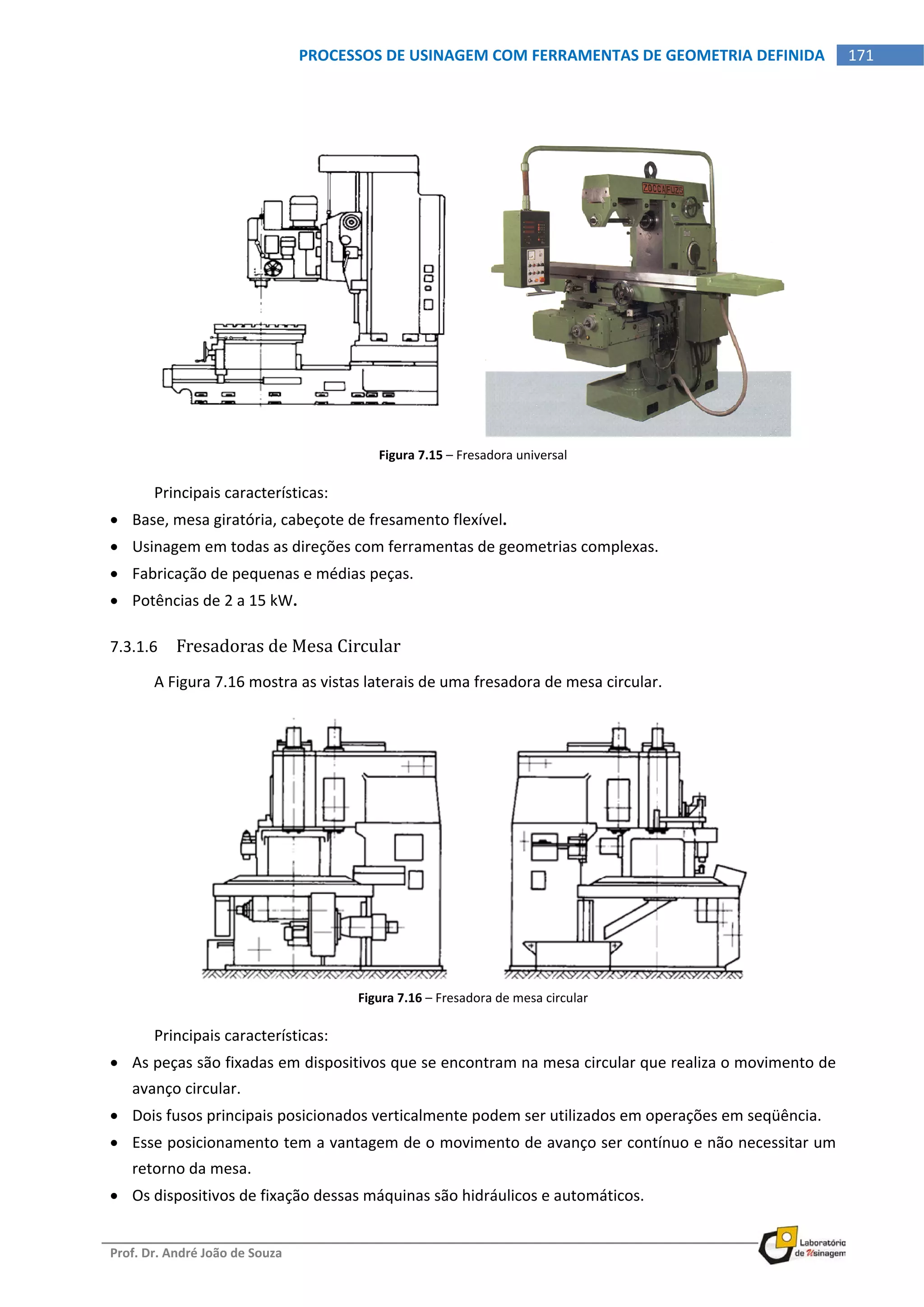  
Prof. Dr. André João de Souza    
171PROCESSOS DE USINAGEM COM FERRAMENTAS DE GEOMETRIA DEFINIDA
 
 
Figura 7.15 – Fresadora universal 
Principais características: 
 Base, mesa giratória, cabeçote de fresamento flexível. 
 Usinagem em todas as direções com ferramentas de geometrias complexas. 
 Fabricação de pequenas e médias peças. 
 Potências de 2 a 15 kW. 
7.3.1.6 Fresadoras de Mesa Circular 
A Figura 7.16 mostra as vistas laterais de uma fresadora de mesa circular. 
 
Figura 7.16 – Fresadora de mesa circular 
Principais características: 
 As peças são fixadas em dispositivos que se encontram na mesa circular que realiza o movimento de 
avanço circular. 
 Dois fusos principais posicionados verticalmente podem ser utilizados em operações em seqüência. 
 Esse posicionamento tem a vantagem de o movimento de avanço ser contínuo e não necessitar um 
retorno da mesa. 
 Os dispositivos de fixação dessas máquinas são hidráulicos e automáticos. 
 