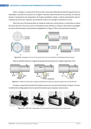  
ENG03343 – Processos de Fabricação por Usinagem  2011‐1  
104  PROCESSOS DE USINAGEM COM FERRAMENTAS DE GEOMETRIA DEFINIDA
Assim, a fixação e o ajuste da ferramenta são a chave para obtenção de potenciais ganhos de pro‐
dutividade e precisão do processo de usinagem. Recentes desenvolvimentos da precisão, da força de 
fixação e da geometria dos dispositivos de fixação possibilitam atingir o máximo desempenho das fer‐
ramentas de corte e das máquinas, que podemos traduzir em vantagem competitiva e lucros. 
Vale frisar que a ferramenta deve ser fixada de modo que a ponta (quina e cunha) fique na altura 
do centro do torno. Para isso, usa‐se o contraponto como referência. A Figura 5.10a mostra a ajustagem 
do centro da ferramenta no torneamento longitudinal e a Figura 5.10b no torneamento transversal. 
 
(a)  (b) 
Figura 5.10 – Ajustagem do centro da ferramenta de corte no torneamento: (a) longitudinal; (b) transversal 
Deve‐se também observar o ângulo de posição da ferramenta em relação à peça (Fig. 5.11). 
   
Figura 5.11 – Diferentes valores para o ângulo de posição da ferramenta (r) gerando larguras de corte (b) distintas 
Em geral, a haste da ferramenta fica fixada na torre do carro porta‐ferramenta. A Figura 5.12 mos‐
tra diferentes configurações de torres porta‐ferramentas para máquinas convencionais. 
 
Figura 5.12 – Diferentes configurações de torres porta‐ferramentas para tornos convencionais 
 
