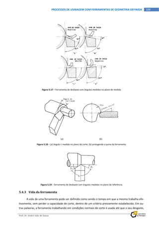  
Prof. Dr. André João de Souza    
109PROCESSOS DE USINAGEM COM FERRAMENTAS DE GEOMETRIA DEFINIDA
 
Figura 5.17 – Ferramenta de desbaste com ângulos medidos no plano de medida 
 
(a)  (b) 
Figura 5.18 – (a) ângulo  medido no plano de corte; (b) protegendo a quina da ferramenta 
Figura 5.19 – Ferramenta de desbaste com ângulos medidos no plano de referência 
5.4.3 Vida da ferramenta 
A vida de uma ferramenta pode ser definida como sendo o tempo em que a mesma trabalha efe‐
tivamente, sem perder a capacidade de corte, dentro de um critério previamente estabelecido. Em ou‐
tras palavras, a ferramenta trabalhando em condições normais de corte é usada até que o seu desgaste, 


 