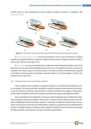  
Prof. Dr. André João de Souza    
115PROCESSOS DE USINAGEM COM FERRAMENTAS DE GEOMETRIA DEFINIDA
 
entalhe  circular  na  face  perpendicular  ao  eixo  principal  de  rotação  da  máquina,  a  operação  é  dita 
sangramento axial. 
 
(a)  (b) 
 
 
(c)  (d)  (e) 
Figura 5.21 – Torneamento interno: (a) faceamento; (b) cilíndrico; (c) cônico; (d) sangramento; (e) roscamento 
O torneamento retilíneo cônico consiste da operação de corte na qual a ferramenta se desloca 
segundo uma trajetória retilínea, inclinada em relação ao eixo principal de rotação da máquina. Pode ser 
externa (Fig. 5.20c) ou interna (Fig. 5.21c). 
O roscamento é um processo mecânico de usinagem destinado à obtenção de filetes, por meio da 
abertura de um ou vários sulcos helicoidais de passo uniforme, em superfícies cilíndricas ou cónicas de 
revolução. Para tanto, a peça ou a ferramenta gira e uma delas se desloca simultaneamente segundo 
uma trajetória retilínea paralela ou inclinada ao eixo de rotação. O roscamento pode ser externo (Fig. 
5.20e) ou interno (Fig. 5.21e). 
5.6 Esforços de Corte em Torneamento 
Tanto na prática como na pesquisa é de grande importância o conhecimento dos esforços de cor‐
te na usinagem. Os esforços encontram aplicação no cálculo da estrutura e dos mecanismos de aciona‐
mento das máquinas operatrizes; estes permitem o cálculo da potência de usinagem e consequente‐
mente a determinação do rendimento da máquina para diferentes cargas e velocidades de trabalho. 
Para as aplicações acima, geralmente é suficiente a determinação dos valores médios das compo‐
nentes ortogonais da força de usinagem. Porém, para o mecanismo da formação do cavaco, para estu‐
dos da estabilidade dinâmica da máquina operatriz, é necessária a medida da variação da força. No pri‐
meiro caso diz‐se que se trata de uma medida estática, enquanto no segundo tem‐se a medida dinâmica 
da força. As medidas estáticas e dinâmicas da força podem ser obtidas através de sistemas de aquisição 
de dados associados a dinamômetros, em geral, transdutores piezelétricos. 
 