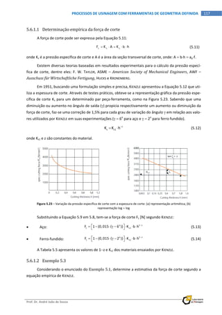  
Prof. Dr. André João de Souza    
117PROCESSOS DE USINAGEM COM FERRAMENTAS DE GEOMETRIA DEFINIDA
 
5.6.1.1 Determinação empírica da força de corte 
A força de corte pode ser expressa pela Equação 5.11: 
      c s sF K A K b h   (5.11)
onde Ks é a pressão específica de corte e A é a área da seção transversal de corte, onde: A  bh  apf. 
Existem diversas teorias baseadas em resultados experimentais para o cálculo da pressão especí‐
fica  de  corte,  dentre  eles:  F.  W.  TAYLOR,  ASME  –  American  Society  of  Mechanical  Engineers,  AWF  – 
Ausschuss für Wirtschaftliche Fertigung, HUCKS e KRONENBERG. 
Em 1951, buscando uma formulação simples e precisa, KIENZLE apresentou a Equação 5.12 que uti‐
liza a espessura de corte. Através de testes práticos, obteve‐se a representação gráfica da pressão espe‐
cífica de corte Ks para um determinado par peça‐ferramenta, como na Figura 5.23. Sabendo que uma 
diminuição ou aumento no ângulo de saída () propicia respectivamente um aumento ou diminuição da 
força de corte, faz‐se uma correção de 1,5% para cada grau de variação do ângulo  em relação aos valo‐
res utilizados por KIENZLE em suas experimentações (  6o
 para aço e   2o
 para ferro fundido). 
  
  z
s s1K K h   (5.12) 
onde Ks1 e z são constantes do material. 
Figura 5.23 – Variação da pressão específica de corte com a espessura de corte: (a) representação aritmética; (b) 
representação log  log 
Substituindo a Equação 5.9 em 5.8, tem‐se a força de corte Fc [N] segundo KIENZLE: 
 Aço: 
o 1 z
c s1F 1 (0,015 ( 6 )) K b h 
            (5.13) 
 Ferro‐fundido: 
o 1 z
c s1F 1 (0,015 ( 2 )) K b h 
            (5.14) 
A Tabela 5.5 apresenta os valores de 1z e Ks1 dos materiais ensaiados por KIENZLE. 
5.6.1.2 Exemplo 5.3 
Considerando o enunciado do Exemplo 5.1, determine a estimativa da força de corte segundo a 
equação empírica de KIENZLE. 
 
Ks1
z
Ks
Ks
 