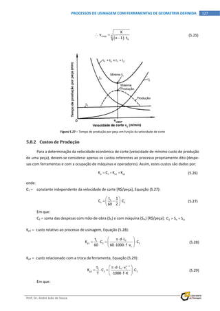  
Prof. Dr. André João de Souza    
127PROCESSOS DE USINAGEM COM FERRAMENTAS DE GEOMETRIA DEFINIDA
 
 
 
xcmxp
ft
K
 v
x 1 t
 
 
  (5.25) 
 
Figura 5.27 – Tempo de produção por peça em função da velocidade de corte 
5.8.2 Custos de Produção 
Para a determinação da velocidade econômica de corte (velocidade de mínimo custo de produção 
de uma peça), devem‐se considerar apenas os custos referentes ao processo propriamente dito (despe‐
sas com ferramentas e com a ocupação de máquinas e operadores). Assim, estes custos são dados por: 
  p 1 p1 p2K C K K     (5.26)
onde: 
C1   constante independente da velocidade de corte [R$/peça], Equação (5.27): 
  1
1 2
t 1
C C
60 Z
 
   
 
  (5.27)
Em que: 
C2  soma das despesas com mão‐de‐obra (Sh) e com máquina (Sm) [R$/peça]:  2 h mC S S   
Kp1   custo relativo ao processo de usinagem, Equação (5.28): 
 
c f
p1 2 2
c
t d L
K C C
60 60 1000 f v
  
    
   
(5.28)
Kp2   custo relacionado com a troca da ferramenta, Equação (5.29): 
 
x 1
c f c
p2 3 3
t d L v
K C C
T 1000 f K

   
    
  
  (5.29) 
Em que: 
 