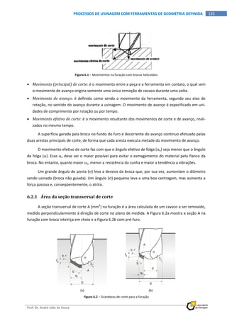  
Prof. Dr. André João de Souza    
135PROCESSOS DE USINAGEM COM FERRAMENTAS DE GEOMETRIA DEFINIDA
 
Figura 6.1 – Movimentos na furação com brocas helicoidais 
 Movimento (principal) de corte: é o movimento entre a peça e a ferramenta em contato, o qual sem 
o movimento de avanço origina somente uma única remoção de cavaco durante uma volta. 
 Movimento de avanço: é definido como sendo o movimento da ferramenta, segundo seu eixo de 
rotação, no sentido do avanço durante a usinagem. O movimento de avanço é especificado em uni‐
dades de comprimento por rotação ou por tempo. 
 Movimento efetivo de corte: é o movimento resultante dos movimentos de corte e de avanço, reali‐
zados no mesmo tempo. 
A superfície gerada pela broca no fundo do furo é decorrente do avanço contínuo efetuado pelas 
duas arestas principais de corte, de forma que cada aresta executa metade do movimento de avanço. 
O movimento efetivo de corte faz com que o ângulo efetivo de folga (e) seja menor que o ângulo 
de folga (). Esse e deve ser o maior possível para evitar o esmagamento do material pelo flanco da 
broca. No entanto, quanto maior e, menor a resistência da cunha e maior a tendência a vibrações. 
Um grande ângulo de ponta () leva a desvios da broca que, por sua vez, aumentam o diâmetro 
sendo usinado (broca não guiada). Um ângulo () pequeno leva a uma boa centragem, mas aumenta a 
força passiva e, conseqüentemente, o atrito. 
6.2.1 Área da seção transversal de corte 
A seção transversal de corte A [mm2
] na furação é a área calculada de um cavaco a ser removido, 
medido perpendicularmente à direção de corte no plano de medida. A Figura 6.2a mostra a seção A na 
furação com broca inteiriça em cheio e a Figura 6.2b com pré‐furo. 
 
(a)  (b) 
Figura 6.2 – Grandezas de corte para a furação  
 
b
h
ap
D
A
fz
r

b
h
D
A
fz
r
ap

d
 