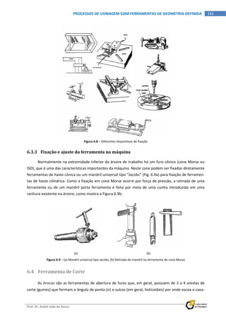  
Prof. Dr. André João de Souza    
141PROCESSOS DE USINAGEM COM FERRAMENTAS DE GEOMETRIA DEFINIDA
 
 
Figura 6.8 – Diferentes dispositivos de fixação 
6.3.3 Fixação e ajuste da ferramenta na máquina 
Normalmente na extremidade inferior da árvore de trabalho há um furo cônico (cone Morse ou 
ISO), que é uma das características importantes da máquina. Neste cone podem ser fixados diretamente 
ferramentas de haste cônica ou um mandril universal tipo “Jacobs” (Fig. 6.9a) para fixação de ferramen‐
tas de haste cilíndrica. Como a fixação em cone Morse ocorre por força de pressão, a retirada de uma 
ferramenta ou de um mandril porta ferramenta é feita por meio de uma cunha introduzida em uma 
ranhura existente na árvore, como mostra a Figura 6.9b. 
 
 
(a)  (b) 
Figura 6.9 – (a) Mandril universal tipo Jacobs; (b) Retirada de mandril ou ferramenta do cone Morse 
6.4 Ferramenta de Corte 
As brocas são as ferramentas de abertura de furos que, em geral, possuem de 2 a 4 arestas de 
corte (gumes) que formam o ângulo de ponta () e sulcos (em geral, helicoidais) por onde escoa o cava‐
 