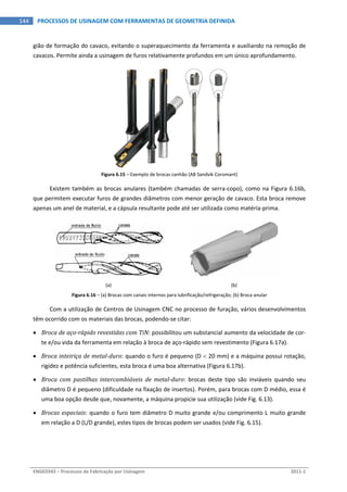  
ENG03343 – Processos de Fabricação por Usinagem  2011‐1  
144  PROCESSOS DE USINAGEM COM FERRAMENTAS DE GEOMETRIA DEFINIDA
gião de formação do cavaco, evitando o superaquecimento da ferramenta e auxiliando na remoção de 
cavacos. Permite ainda a usinagem de furos relativamente profundos em um único aprofundamento. 
Figura 6.15 – Exemplo de brocas canhão (AB Sandvik Coromant) 
Existem também as brocas anulares (também chamadas de serra‐copo), como na Figura 6.16b, 
que permitem executar furos de grandes diâmetros com menor geração de cavaco. Esta broca remove 
apenas um anel de material, e a cápsula resultante pode até ser utilizada como matéria‐prima. 
 
(a)  (b) 
Figura 6.16 – (a) Brocas com canais internos para lubrificação/refrigeração; (b) Broca anular 
Com a utilização de Centros de Usinagem CNC no processo de furação, vários desenvolvimentos 
têm ocorrido com os materiais das brocas, podendo‐se citar: 
 Broca de aço­rápido revestidas com TiN: possibilitou um substancial aumento da velocidade de cor‐
te e/ou vida da ferramenta em relação à broca de aço‐rápido sem revestimento (Figura 6.17a). 
 Broca inteiriça de metal­duro: quando o furo é pequeno (D  20 mm) e a máquina possui rotação, 
rigidez e potência suficientes, esta broca é uma boa alternativa (Figura 6.17b). 
 Broca  com  pastilhas  intercambiáveis  de  metal­duro:  brocas  deste  tipo  são  inviáveis  quando  seu 
diâmetro D é pequeno (dificuldade na fixação de insertos). Porém, para brocas com D médio, essa é 
uma boa opção desde que, novamente, a máquina propicie sua utilização (vide Fig. 6.13). 
 Brocas especiais: quando o furo tem diâmetro D muito grande e/ou comprimento L muito grande 
em relação a D (L/D grande), estes tipos de brocas podem ser usados (vide Fig. 6.15). 
 