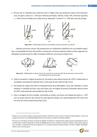  
Prof. Dr. André João de Souza    
147PROCESSOS DE USINAGEM COM FERRAMENTAS DE GEOMETRIA DEFINIDA
 
 Brocas tipo H: indicadas para materiais duros e frágeis e/ou que produzam cavaco curto (descontí‐
nuo). Em geral, utiliza‐se   80o
 para materiais prensados, ebonite, náilon, PVC, mármore e granito; 
  118o
 em ferro fundido duro, latão, bronze, Baquelite2
 e Celeron3
;   140o
 para aços de alta liga. 
   
(a)  (b)  (c) 
Figura 6.20 – Classificação das brocas normalizadas: (a) tipo H; (b) tipo N; (c) tipo W 
Quando uma broca comum não proporciona um rendimento satisfatório em um trabalho especí‐
fico e a quantidade de furos não justifica a compra de uma broca especial, podem‐se fazer algumas mo‐
dificações nas brocas tipo N e obter resultados melhores, como ilustra a Figura 6.21. 
   
(a)  (b)  (c) 
Figura 6.21 – Modificações nas brocas tipo N: (a) aumento de  acima de 118o
; (b) aumento de  acima de 130
o
; 
(c) chanframento da aresta de corte 
 Pode‐se aumentar o ângulo da ponta (), tornando‐o mais obtuso (acima de 118o
) e melhorando os 
resultados na furação de materiais duros, como aços de alto carbono (Fig. 6.21a). 
 Na furação de chapas finas têm‐se freqüentemente duas dificuldades: furos não redondos e muitas 
rebarbas. A reafiação da broca, para que fique com um ângulo de ponta () bastante obtuso (acima 
de 130o
), reduz bastante estes problemas (Fig. 6.21b). 
 Para a usinagem de ferro fundido, recomenda‐se utilizar uma broca com ângulo de ponta  = 118o
 
com as partes externas das arestas de corte (gumes) afiadas com aproximadamente 90o
 entre elas 
em cerca de 1/3 do comprimento (Fig. 6.21c). 
                                                            
2
 A BAQUELITE é uma resina sintética, quimicamente estável e resistente ao calor, que foi o primeiro produto plástico. Trata‐se da 
junção do fenol com o formaldeído (aldeído fórmico), formando um polímero chamado polifenol. 
3
 O CELERON é um fenólico com base em tecido de algodão, formando um material denso obtido a partir da aplicação de calor e 
pressão sobre o tecido impregnado. O tecido de algodão garante maior resistência mecânica. Resiste a óleos, graxas, água do 
mar, corrosão e mudanças bruscas de temperatura. É um material isolante de baixa tensão e de fácil usinagem. Aplicações: 
Buchas, anéis, mancais, guias... 
 