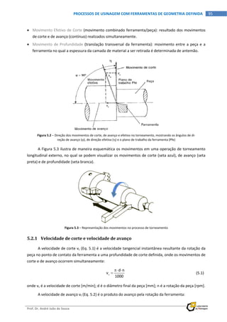  
Prof. Dr. André João de Souza    
95PROCESSOS DE USINAGEM COM FERRAMENTAS DE GEOMETRIA DEFINIDA
 
 Movimento Efetivo de Corte (movimento combinado ferramenta/peça): resultado dos movimentos 
de corte e de avanço (contínuo) realizados simultaneamente. 
 Movimento  de Profundidade (translação transversal da ferramenta): movimento entre a peça e a 
ferramenta no qual a espessura da camada de material a ser retirada é determinada de antemão. 
Figura 5.2 – Direção dos movimentos de corte, de avanço e efetivo no torneamento, mostrando os ângulos de di‐
reção de avanço (), de direção efetiva () e o plano de trabalho da ferramenta (Pfe) 
A Figura 5.3 ilustra de maneira esquemática os movimentos em uma operação de torneamento 
longitudinal externo, no qual se podem visualizar os movimentos de corte (seta azul), de avanço (seta 
preta) e de profundidade (seta branca). 
Figura 5.3 – Representação dos movimentos no processo de torneamento 
5.2.1 Velocidade de corte e velocidade de avanço 
A velocidade de corte vc (Eq. 5.1) é a velocidade tangencial instantânea resultante da rotação da 
peça no ponto de contato da ferramenta a uma profundidade de corte definida, onde os movimentos de 
corte e de avanço ocorrem simultaneamente: 
  c
d n
v
1000
 
   (5.1)
onde vc é a velocidade de corte [m/min]; d é o diâmetro final da peça [mm]; n é a rotação da peça [rpm]. 
A velocidade de avanço vf (Eq. 5.2) é o produto do avanço pela rotação da ferramenta: 
 