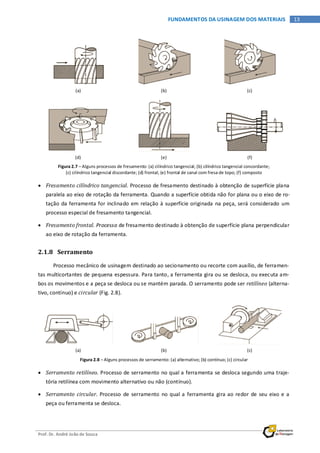 Prof. Dr. André João de Souza
13FUNDAMENTOS DA USINAGEM DOS MATERIAIS
(a) (b) (c)
(d) (e) (f)
Figura 2.7 – Alguns processos de fresamento: (a) cilíndrico tangencial; (b) cilíndrico tangencial concordante;
(c) cilíndrico tangencial discordante; (d) frontal; (e) frontal de canal com fresa de topo; (f) composto
• Fresamento cilíndrico tangencial. Processo de fresamento destinado à obtenção de superfície plana
paralela ao eixo de rotação da ferramenta. Quando a superfície obtida não for plana ou o eixo de ro-
tação da ferramenta for inclinado em relação à superfície originada na peça, será considerado um
processo especial de fresamento tangencial.
• Fresamento frontal. Processo de fresamento destinado à obtenção de superfície plana perpendicular
ao eixo de rotação da ferramenta.
2.1.8 Serramento
Processo mecânico de usinagem destinado ao secionamento ou recorte com auxílio, de ferramen-
tas multicortantes de pequena espessura. Para tanto, a ferramenta gira ou se desloca, ou executa am-
bos os movimentos e a peça se desloca ou se mantém parada. O serramento pode ser retilíneo (alterna-
tivo, contínuo) e circular (Fig. 2.8).
(a) (b) (c)
Figura 2.8 – Alguns processos de serramento: (a) alternativo; (b) contínuo; (c) circular
• Serramento retilíneo. Processo de serramento no qual a ferramenta se desloca segundo uma traje-
tória retilínea com movimento alternativo ou não (contínuo).
• Serramento circular. Processo de serramento no qual a ferramenta gira ao redor de seu eixo e a
peça ou ferramenta se desloca.
 
