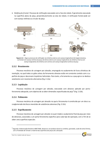 Prof. Dr. André João de Souza
15FUNDAMENTOS DA USINAGEM DOS MATERIAIS
• Retificação frontal. Processo de retificação executado com a face do rebolo. É geralmente executada
na superfície plana da peça, perpendicularmente ao eixo do rebolo. A retificação frontal pode ser
com avanço retilíneo ou circular da peça.
(a) (b) (c)
(d) (e) (f)
Figura 2.11 – Alguns processos de retificação: (a) cilíndrica externa com avanço longitudinal;(b) tangencial plana;
(c) frontal com avanço retilíneo da peça; (d) cônica externa com avanço longitudinal; (e) cilíndrica interna com
avanço longitudinal; (f) cilíndrica sem centros com avanço longitudinal contínuo da peça
2.2.2 Brunimento
Processo mecânico de usinagem por abrasão, empregado no acabamento de furos cilíndricos de
revolução, no qual todos os grãos ativos da ferramenta abrasiva estão em constante contato com a su-
perfície da peça e descrevem trajetórias helicoidais. Para tanto, a ferramenta ou a peça gira e se desloca
axialmente com movimento alternativo (Fig. 2.12a)
2.2.3 Lapidação
Processo mecânico de usinagem por abrasão, executado com abrasivo aplicado por porta-
ferramenta adequado, com objetivo de se obter dimensões especificadas da peça4
2.2.4 Polimento
(Fig. 2.12b).
Processo mecânico de usinagem por abrasão no qual a ferramenta é constituída por um disco ou
conglomerado de discos revestidos de substâncias abrasivas (Fig. 2.12c).
2.2.5 Espelhamento
Processo mecânico de usinagem por abrasão no qual é dado o acabamento final da peça por meio
de abrasivos, associados a um porta-ferramenta específico para cada tipo de operação, com o fim de se
obter uma superfície especular.
4
Segundo a Padronização Brasileira ABNT PB26, abrasivo é um produto natural ou sintético, granulado, usado de várias formas,
com a finalidade de remover o material das superfícies das peças até o desejado.
 
