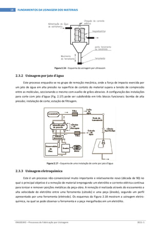 ENG03343 – Processos de Fabricação por Usinagem 2011-1
18 FUNDAMENTOS DA USINAGEM DOS MATERIAIS
Figura 2.16 – Esquema da usinagem por ultrassom
2.3.2 Usinagem por jato d’água
Este processo enquadra-se no grupo de remoção mecânica, onde a força de impacto exercida por
um jato de água em alta pressão na superfície de contato do material supera a tensão de compressão
entre as moléculas, seccionando o mesmo com auxílio de grãos abrasivo. A configuração das instalações
para corte com jato d’água (Fig. 2.17) pode ser subdividida em três blocos funcionais: bomba de alta
pressão; instalação de corte; estação de filtragem.
Figura 2.17 – Esquema de uma instalação de corte por jato d’água
2.3.3 Usinagem eletroquímica
Este é um processo não-convencional muito importante e relativamente novo (década de 90) no
qual o principal objetivo é a remoção de material empregando um eletrólito e corrente elétrica contínua
para ionizar e remover porções metálicas da peça-obra. A remoção é realizada através do escoamento a
alta velocidade do eletrólito entre uma ferramenta (cátodo) e uma peça (ânodo), segundo um perfil
apresentado por uma ferramenta (eletrodo). Os esquemas da Figura 2.18 mostram a usinagem eletro-
química, na qual se pode observar a ferramenta e a peça mergulhadas em um eletrólito.
 