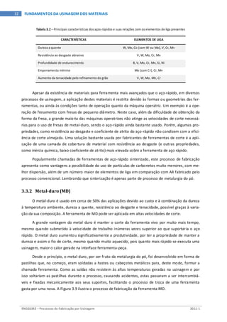 ENG03343 – Processos de Fabricação por Usinagem 2011-1
32 FUNDAMENTOS DA USINAGEM DOS MATERIAIS
Tabela 3.2 – Principais características dos aços-rápidos e suas relações com os elementos de liga presentes
CARACTERÍSTICAS ELEMENTOS DE LIGA
Dureza a quente W, Mo, Co (com W ou Mo), V, Cr, Mn
Resistência ao desgaste abrasivo V, W, Mo, Cr, Mn
Profundidade de endurecimento B, V, Mo, Cr, Mn, Si, Ni
Empenamento mínimo Mo (com Cr), Cr, Mn
Aumento da tenacidade pelo refinamento do grão V, W, Mo, Mn, Cr
Apesar da existência de materiais para ferramenta mais avançados que o aço-rápido, em diversos
processos de usinagem, a aplicação destes materiais é restrita devido às formas ou geometrias das fer-
ramentas, ou ainda às condições tanto de operação quanto da máquina operatriz. Um exemplo é a ope-
ração de fresamento com fresas de pequeno diâmetro. Neste caso, além da dificuldade de obtenção da
forma da fresa, a grande maioria das máquinas operatrizes não atinge as velocidades de corte necessá-
rias para o uso de fresas de metal-duro, sendo o aço-rápido ainda bastante usado. Porém, algumas pro-
priedades, como resistência ao desgaste e coeficiente de atrito do aço-rápido não condizem com a efici-
ência de corte almejada. Uma solução bastante usada por fabricantes de ferramentas de corte é a apli-
cação de uma camada de cobertura de material com resistência ao desgaste (e outras propriedades,
como inércia química, baixo coeficiente de atrito) mais elevada sobre a ferramenta de aço rápido.
Popularmente chamadas de ferramentas de aço-rápido sinterizado, este processo de fabricação
apresenta como vantagens a possibilidade do uso de partículas de carbonetos muito menores, com me-
lhor dispersão, além de um número maior de elementos de liga em comparação com AR fabricado pelo
processo convencional. Lembrando que sinterização é apenas parte de processo de metalurgia do pó.
3.3.2 Metal-duro (MD)
O metal-duro é usado em cerca de 50% das aplicações devido ao custo e à combinação da dureza
à temperatura ambiente, dureza a quente, resistência ao desgaste e tenacidade, possível graças à varia-
ção da sua composição. A ferramenta de MD pode ser aplicada em altas velocidades de corte.
A grande vantagem do metal duro é manter o corte da ferramenta vivo por muito mais tempo,
mesmo quando submetido à velocidade de trabalho inúmeras vezes superior ao que suportaria o aço
rápido. O metal duro aumentou significativamente a produtividade, por ter a propriedade de manter a
dureza e assim o fio de corte, mesmo quando muito aquecido, pois quanto mais rápido se executa uma
usinagem, maior o calor gerado na interface ferramenta-peça.
Desde o princípio, o metal-duro, por ser fruto da metalurgia do pó, foi desenvolvido em forma de
pastilhas que, no começo, eram soldadas a hastes ou cabeçotes metálicos para, deste modo, formar a
chamada ferramenta. Como as soldas não resistem às altas temperaturas geradas na usinagem e por
isso soltariam as pastilhas durante o processo, causando acidentes, estas passaram a ser intercambiá-
veis e fixadas mecanicamente aos seus suportes, facilitando o processo de troca de uma ferramenta
gasta por uma nova. A Figura 3.9 ilustra o processo de fabricação da ferramenta MD.
 