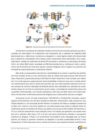 Prof. Dr. André João de Souza
33FUNDAMENTOS DA USINAGEM DOS MATERIAIS
Figura 3.9 – Esquema do processo de fabricação da ferramenta de metal-duro
O metal-duro é composto de carbonetos metálicos em forma de minúsculas partículas que são in-
crustadas em metal ligante. Os componentes mais importantes são o carboneto de tungstênio (WC)
denominado fase a (determina a resistência ao desgaste) e o metal ligante cobalto (Co) denominado
fase b. (determina a tenacidade). Com o tempo, outros componentes foram adicionados a essa compo-
sição básica. A adição de carbonetos de titânio (TiC) (aumentar a resistência à craterização), de tântalo
(TaC) e de nióbio (NbC) (maior tenacidade ao MD) denominados fase g, melhoraram muito a perfor-
mance das ferramentas de metal-duro quanto a prevenir desgastes que se originam nos processos de
formação de cavacos particulares a cada tipo de material.
Mais tarde, os pesquisadores descobriram a possibilidade de se revestir a superfície das pastilhas
com finas camadas de fase g. Este revestimento pode ser obtido tanto pelo processo CVD (Chemical
Vapor Deposition), quanto pelo processo PVD (Physical Vapor Deposition). Estas camadas, que medem
de 3 a 5 µm de espessura, proporcionaram maior durabilidade à aresta de corte, pois a camada extrafi-
na e extremamente dura sobre o núcleo tenaz permitiu que uma mesma pastilha suportasse tanto mai-
ores esforços de corte (em operações de desbaste) quanto altas velocidades (em operações de acaba-
mento). Apesar de no início os revestimentos serem simples, a tecnologia do revestimento evoluiu até
as pastilhas multirrevestidas, com camadas sobrepostas, onde cada uma delas exerce uma função espe-
cífica a fim de conter os diferentes processos de desgastes que se desenvolvem durante a usinagem.
Comumente se tem um triplo revestimento: TiC/TiCN/TiN ou TiC/Al2O3/TiN. Entretanto, existem
registros de ferramentas com até doze camadas de diferentes revestimentos. Cada camada tem uma
função específica e a sua associação permite oferecer um material com todas as vantagens possíveis de
se obter com a técnica. Uma única pastilha em uma determinada classe pode ser aplicável tanto em
acabamento quanto em desbaste de metais, que podem variar do aço ao ferro fundido. Normalmente, o
TiC ou o TiCN são revestimentos muito utilizados como a 1ª camada, pois garantem uma coesão muito
boa com o substrato. Além disso, o TiC é um dos mais duros revestimentos utilizados, o que garante
resistência ao desgaste. O Al2O3 é um revestimento intermediário muito empregado pela sua inércia
química, sua dureza (e, portanto, resistência ao desgaste) e sua baixa condutividade térmica a altas
temperaturas. O TiN se apresenta como a camada mais externa, pois proporciona baixos coeficientes de
 