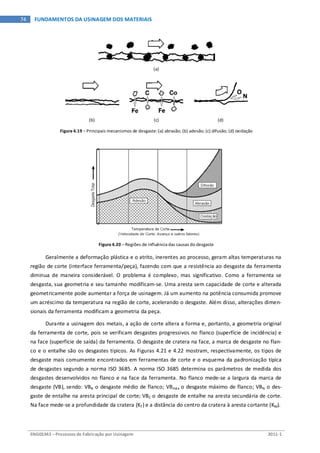 ENG03343 – Processos de Fabricação por Usinagem 2011-1
74 FUNDAMENTOS DA USINAGEM DOS MATERIAIS
(a)
(b) (c) (d)
Figura 4.19 – Principais mecanismos de desgaste:(a) abrasão; (b) adesão; (c) difusão; (d) oxidação
Figura 4.20 – Regiões de influência das causas do desgaste
Geralmente a deformação plástica e o atrito, inerentes ao processo, geram altas temperaturas na
região de corte (interface ferramenta/peça), fazendo com que a resistência ao desgaste da ferramenta
diminua de maneira considerável. O problema é complexo, mas significativo. Como a ferramenta se
desgasta, sua geometria e seu tamanho modificam-se. Uma aresta sem capacidade de corte e alterada
geometricamente pode aumentar a força de usinagem. Já um aumento na potência consumida promove
um acréscimo da temperatura na região de corte, acelerando o desgaste. Além disso, alterações dimen-
sionais da ferramenta modificam a geometria da peça.
Durante a usinagem dos metais, a ação de corte altera a forma e, portanto, a geometria original
da ferramenta de corte, pois se verificam desgastes progressivos no flanco (superfície de incidência) e
na face (superfície de saída) da ferramenta. O desgaste de cratera na face, a marca de desgaste no flan-
co e o entalhe são os desgastes típicos. As Figuras 4.21 e 4.22 mostram, respectivamente, os tipos de
desgaste mais comumente encontrados em ferramentas de corte e o esquema da padronização típica
de desgastes segundo a norma ISO 3685. A norma ISO 3685 determina os parâmetros de medida dos
desgastes desenvolvidos no flanco e na face da ferramenta. No flanco mede-se a largura da marca de
desgaste (VB), sendo: VBB o desgaste médio de flanco; VBmáx o desgaste máximo de flanco; VBN o des-
gaste de entalhe na aresta principal de corte; VBC o desgaste de entalhe na aresta secundária de corte.
Na face mede-se a profundidade da cratera (KT) e a distância do centro da cratera à aresta cortante (KM).
 