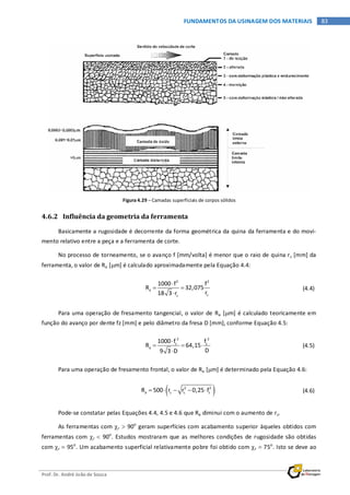 Prof. Dr. André João de Souza
83FUNDAMENTOS DA USINAGEM DOS MATERIAIS
Figura 4.29 – Camadas superficiais de corpos sólidos
4.6.2 Influência da geometria da ferramenta
Basicamente a rugosidade é decorrente da forma geométrica da quina da ferramenta e do movi-
mento relativo entre a peça e a ferramenta de corte.
No processo de torneamento, se o avanço f [mm/volta] é menor que o raio de quina rε [mm] da
ferramenta, o valor de Ra [µm] é calculado aproximadamente pela Equação 4.4:
2 2
a
1000 f f
R 32,075
r18 3 r εε
⋅
= =
⋅
(4.4)
Para uma operação de fresamento tangencial, o valor de Ra [µm] é calculado teoricamente em
função do avanço por dente fz [mm] e pelo diâmetro da fresa D [mm], conforme Equação 4.5:
2 2
z z
a
1000 f f
R 64,15
D9 3 D
⋅
= = ⋅
⋅
(4.5)
Para uma operação de fresamento frontal, o valor de Ra [µm] é determinado pela Equação 4.6:
( )2 2
a zR 500 r r 0,25 fε ε= ⋅ − − ⋅ (4.6)
Pode-se constatar pelas Equações 4.4, 4.5 e 4.6 que Ra diminui com o aumento de rε.
As ferramentas com χr > 90o
geram superfícies com acabamento superior àqueles obtidos com
ferramentas com χr < 90o
. Estudos mostraram que as melhores condições de rugosidade são obtidas
com χr = 95o
. Um acabamento superficial relativamente pobre foi obtido com χr = 75o
. Isto se deve ao
 