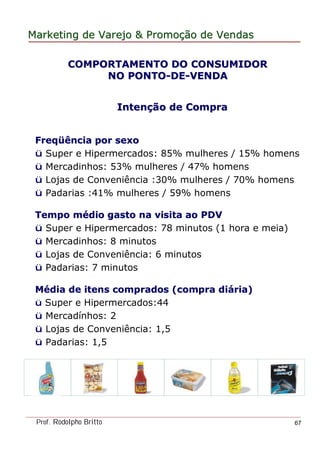 MarketingMarketing dede VarejoVarejo && PromoPromoççãoão dede VendasVendas
Prof. Rodolpho Britto 67
IntenIntençção de Compraão de Compra
FreqFreqüüência por sexoência por sexo
ü Super e Hipermercados: 85% mulheres / 15% homens
ü Mercadinhos: 53% mulheres / 47% homens
ü Lojas de Conveniência :30% mulheres / 70% homens
ü Padarias :41% mulheres / 59% homens
Tempo mTempo méédio gasto na visita ao PDVdio gasto na visita ao PDV
ü Super e Hipermercados: 78 minutos (1 hora e meia)
ü Mercadinhos: 8 minutos
ü Lojas de Conveniência: 6 minutos
ü Padarias: 7 minutos
MMéédia de itens comprados (compra didia de itens comprados (compra diáária)ria)
ü Super e Hipermercados:44
ü Mercadínhos: 2
ü Lojas de Conveniência: 1,5
ü Padarias: 1,5
COMPORTAMENTO DO CONSUMIDORCOMPORTAMENTO DO CONSUMIDOR
NO PONTONO PONTO--DEDE--VENDAVENDA
 