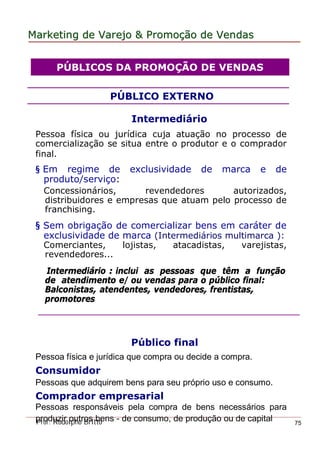 MarketingMarketing dede VarejoVarejo && PromoPromoççãoão dede VendasVendas
Prof. Rodolpho Britto 75
PÚBLICOS DA PROMOÇÃO DE VENDAS
PÚBLICO EXTERNO
Intermediário
Pessoa física ou jurídica cuja atuação no processo de
comercialização se situa entre o produtor e o comprador
final.
§ Em regime de exclusividade de marca e de
produto/serviço:
Concessionários, revendedores autorizados,
distribuidores e empresas que atuam pelo processo de
franchising.
§ Sem obrigação de comercializar bens em caráter de
exclusividade de marca (Intermediários multimarca ):
Comerciantes, lojistas, atacadistas, varejistas,
revendedores...
Intermediário : inclui as pessoas que têm a função
de atendimento e/ ou vendas para o público final:
Balconistas, atendentes, vendedores, frentistas,
promotores
Público final
Pessoa física e jurídica que compra ou decide a compra.
Consumidor
Pessoas que adquirem bens para seu próprio uso e consumo.
Comprador empresarial
Pessoas responsáveis pela compra de bens necessários para
produzir outros bens - de consumo, de produção ou de capital
 