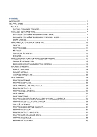 Sumário
INTRODUÇÃO............................................................................................................................................. 2
VBA PARA EXCEL ...................................................................................................................................... 6
MACROS................................................................................................................................................. 6
ROTINAS PÚBLICAS E PRIVADAS .................................................................................................... 6
PASSAGEM DE PARÂMETROS ............................................................................................................. 7
PASSAGEM DE PARÂMETROS POR VALOR – BYVAL..................................................................... 7
PASSAGEM DE PARÂMETROS POR REFERENCIA – BYREF.......................................................... 8
CRIAR MACROS................................................................................................................................. 9
PROGRAMAÇÃO ORIENTADA A OBJETOS ........................................................................................ 10
OBJETO............................................................................................................................................ 10
PROPRIEDADES.............................................................................................................................. 11
MÉTODOS........................................................................................................................................ 11
CLASSES E INSTÂNCIAS ................................................................................................................ 12
EVENTOS......................................................................................................................................... 13
PROCEDIMENTOS FUNCTION X PROCEDIMENTOS SUB ................................................................. 15
DEFINIÇÃO DE FUNCTION.............................................................................................................. 15
DEFINIÇÃO DE ROTINAS/SUBROTINAS (MACROS) ...................................................................... 18
INPUTBOX E MSGBOX......................................................................................................................... 19
FUNÇÃO INPUTBOX ........................................................................................................................ 19
FUNÇÃO MSGBOX........................................................................................................................... 20
VARIÁVEL IMPLÍCITA ME ................................................................................................................ 22
OBJETO RANGE................................................................................................................................... 23
PROPRIEDADE NAME ..................................................................................................................... 23
PROPRIEDADE VALUE.................................................................................................................... 23
OBJETO RANGE X MÉTODO SELECT ............................................................................................ 24
PROPRIEDADE CELLS .................................................................................................................... 25
PROPRIEDADE ACTIVECELL.......................................................................................................... 26
OBJETO FONT ................................................................................................................................. 27
OBJETO INTERIOR.......................................................................................................................... 27
PROPRIEDADE HORIZONTALALIGNMENT E VERTICALALIGNMENT ........................................... 28
PROPRIEDADES COLOR E COLORINDEX ..................................................................................... 29
COLEÇÃO BORDERS ...................................................................................................................... 30
PROPRIEDADE LINESTYLE E WEIGHT .......................................................................................... 31
PROPRIEDADE COUNT................................................................................................................... 31
PROPRIEDADE COLUMN E ROW.................................................................................................... 32
PROPRIEDADE COLUMNS E ROWS............................................................................................... 32
PROPRIEDADE RESIZE................................................................................................................... 32
PROPRIEDADE ADDRESS............................................................................................................... 32
 
