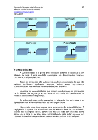 Gestão de Segurança da Informação                                          17
Marcos Aurelio Pchek Laureano
laureano@ppgia.pucpr.br
01/06/2005




Vulnerabilidades
      A vulnerabilidade é o ponto onde qualquer sistema é suscetível a um
ataque, ou seja, é uma condição encontrada em determinados recursos,
processos, configurações, etc.

      Todos os ambientes são vulneráveis, partindo do principio de que não
existem ambientes totalmente seguros. Muitas vezes encontramos
vulnerabilidades nas medidas implementadas pela empresa.

      Identificar as vulnerabilidades que podem contribuir para as ocorrências
de incidentes de segurança é um aspecto importante na identificação de
medidas adequadas de segurança.

      As vulnerabilidades estão presentes no dia-a-dia das empresas e se
apresentam nas mais diversas áreas de uma organização.

       Não existe uma única causa para surgimento de vulnerabilidades. A
negligência por parte dos administradores de rede e a falta de conhecimento
técnico são exemplos típicos, porém esta relação pode ser entendida como
sendo de n para n, ou seja, cada vulnerabilidade pode estar presente em
diversos ambientes computacionais, conforme demonstra a próxima figura.
 